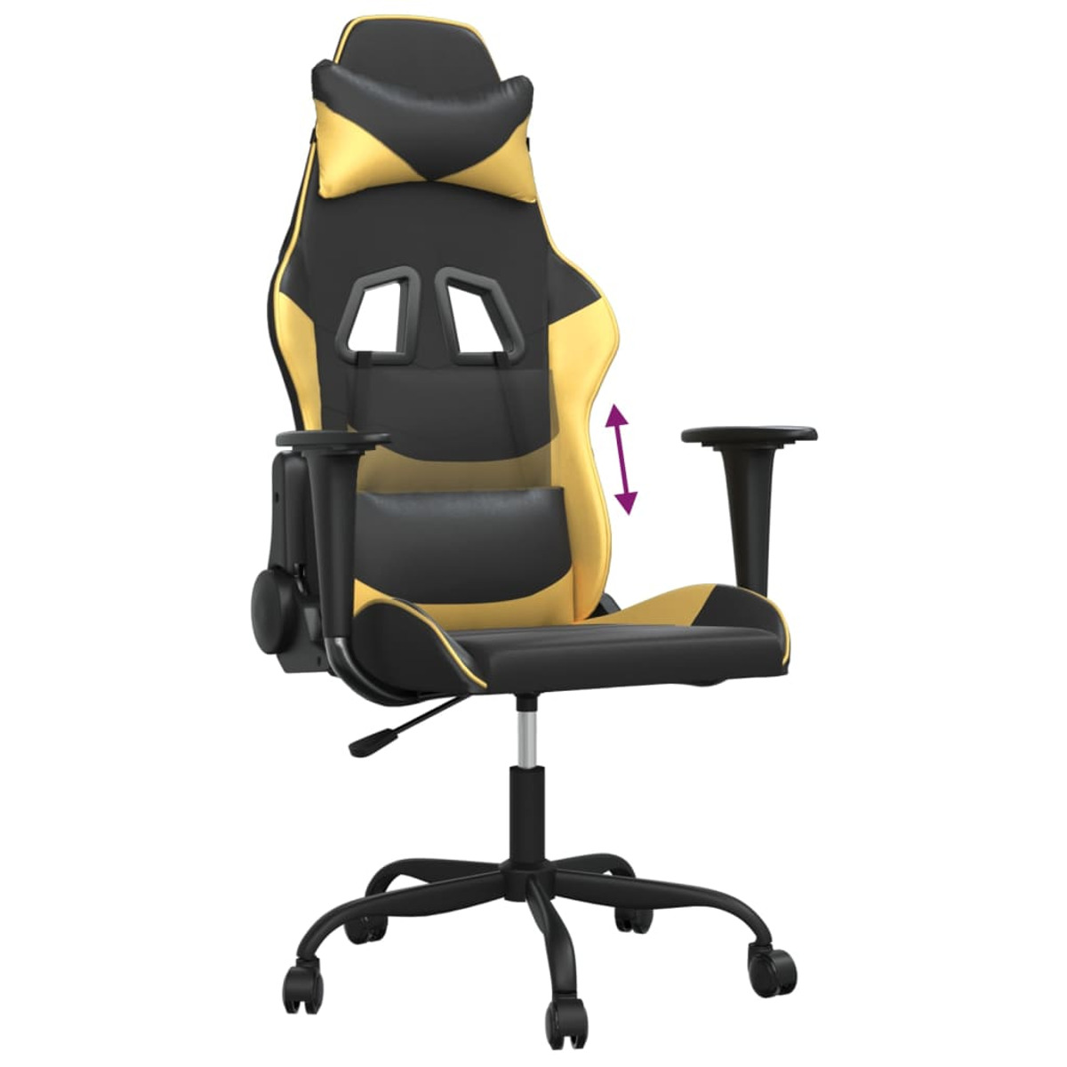 Gaming-Stuhl mit gelb und schwarz. Pfeile zeigen die Verstellbarkeit der Arme.
