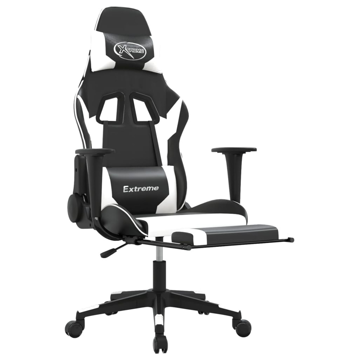 Schwarz-weißer Gaming-Stuhl mit Fußstütze, Armlehnen und Rollen auf weißem Hintergrund.