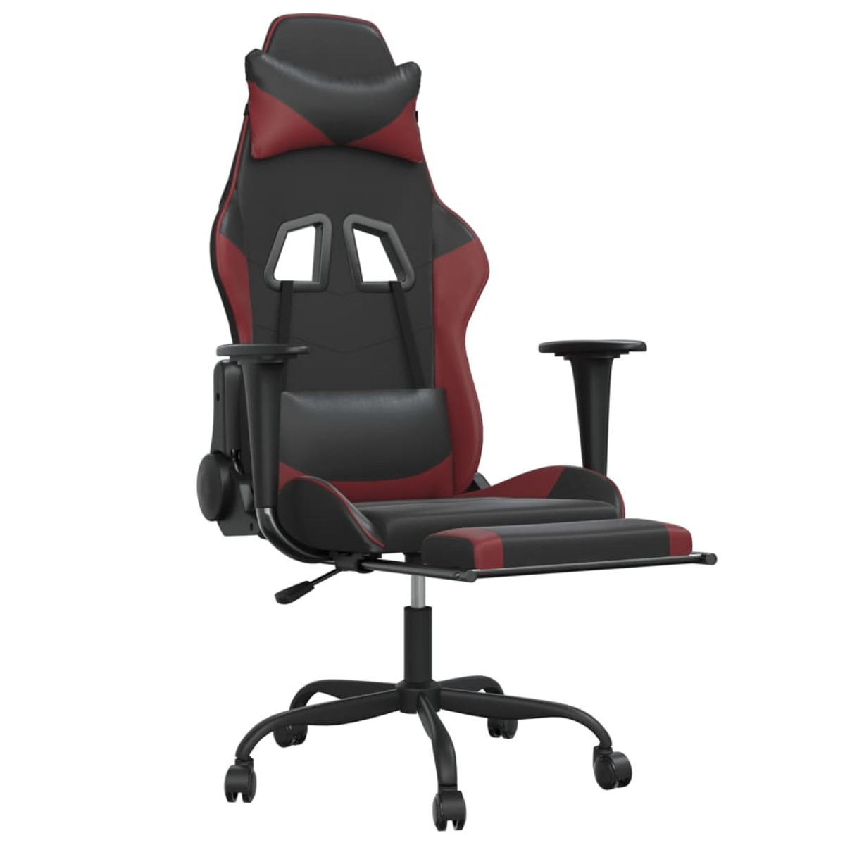 Gaming-Stuhl mit schwarzem und roten Design, Kopfstütze, Armlehnen, Fußstütze und schwarzem Fuß.
