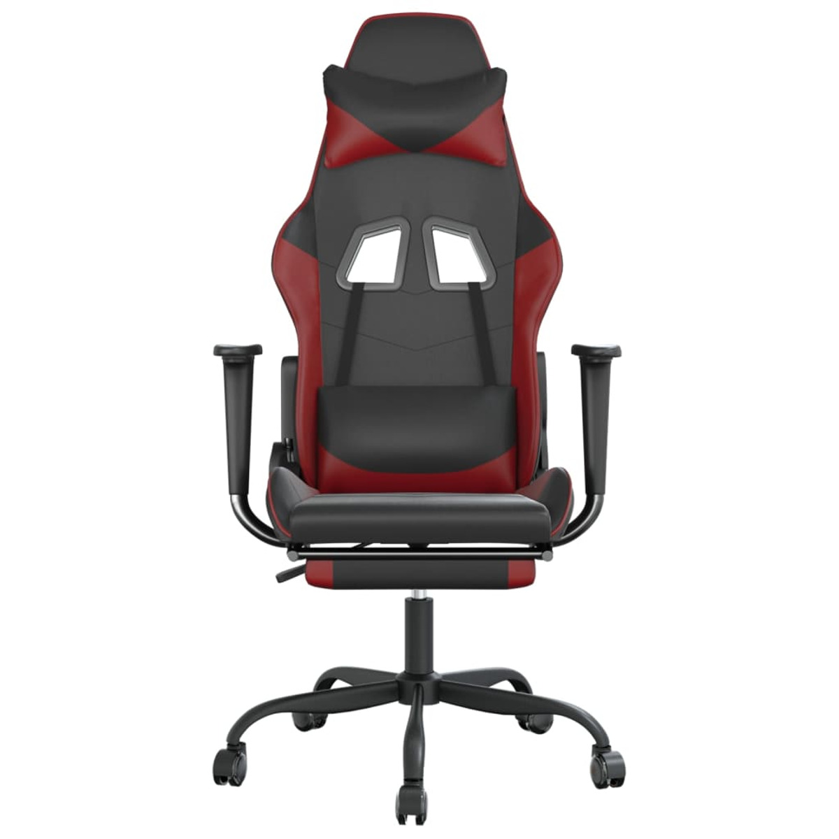 Ein rot-schwarzer Gaming-Stuhl mit Kopfstütze, Lendenwirbelstütze und Beinauflage, vor weißem Hintergrund.