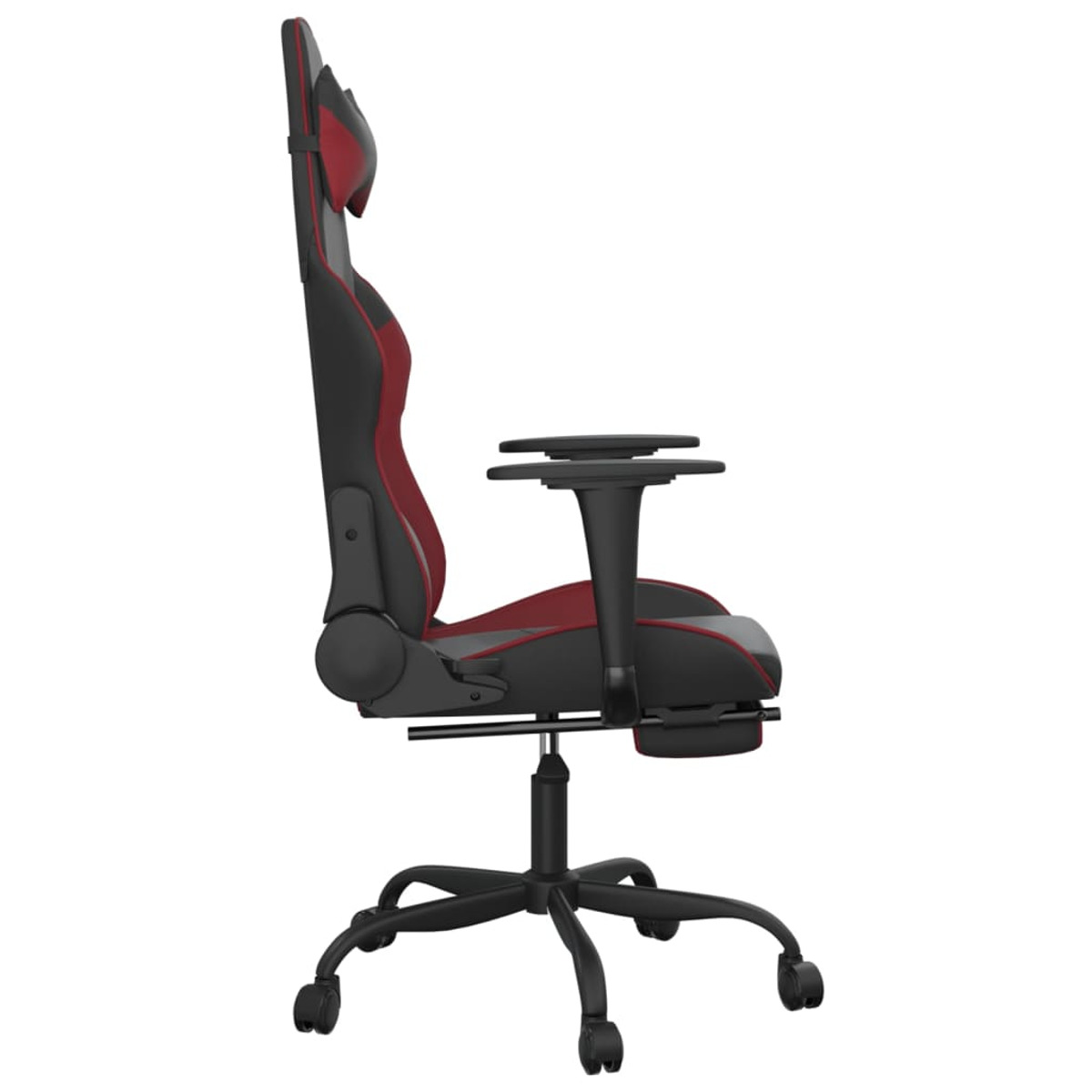 Seitenansicht eines rot-schwarzen Gaming-Stuhls auf weißem Hintergrund.
