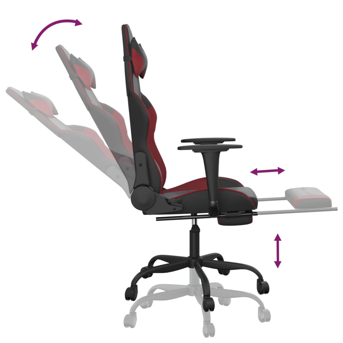 Gaming-Stuhl mit verstellbarer Rückenlehne, Armlehnen und Fußstütze, Schwarz-Rot, Seitenansicht.