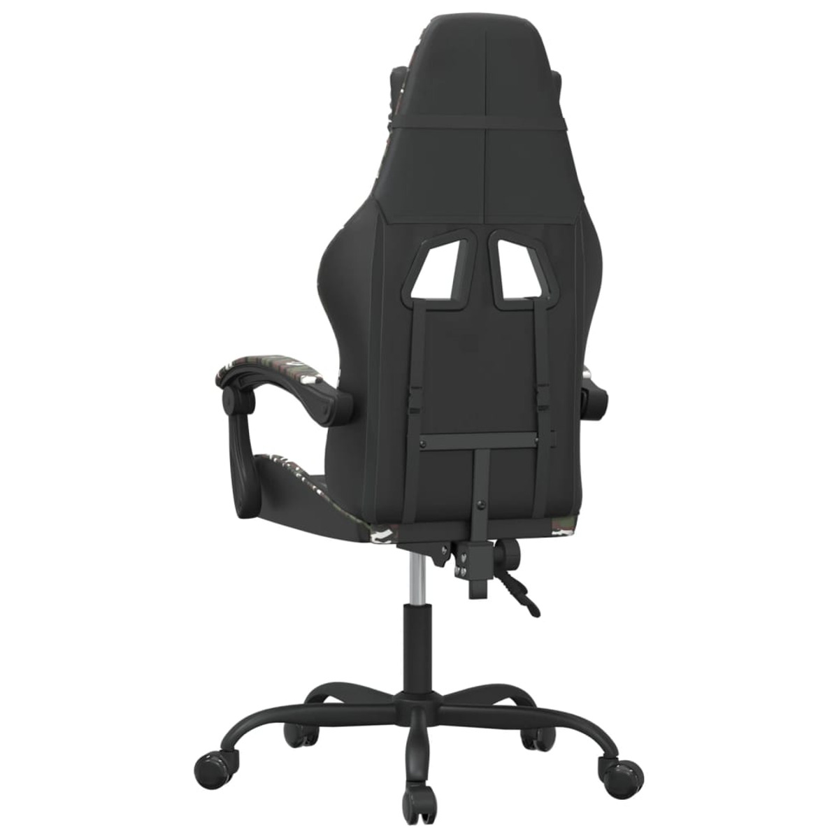 Rückansicht eines schwarzen Gaming-Stuhls mit schwarzem Gestell und Rollen.