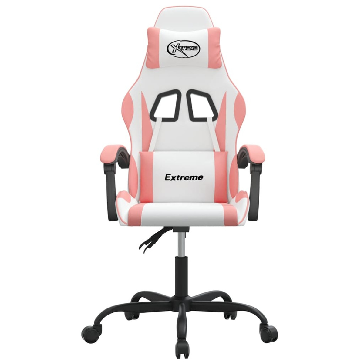 Rosa-weißer Gaming-Stuhl mit dem Wort 'Extreme' auf der Rückenlehne. Weißer Hintergrund.