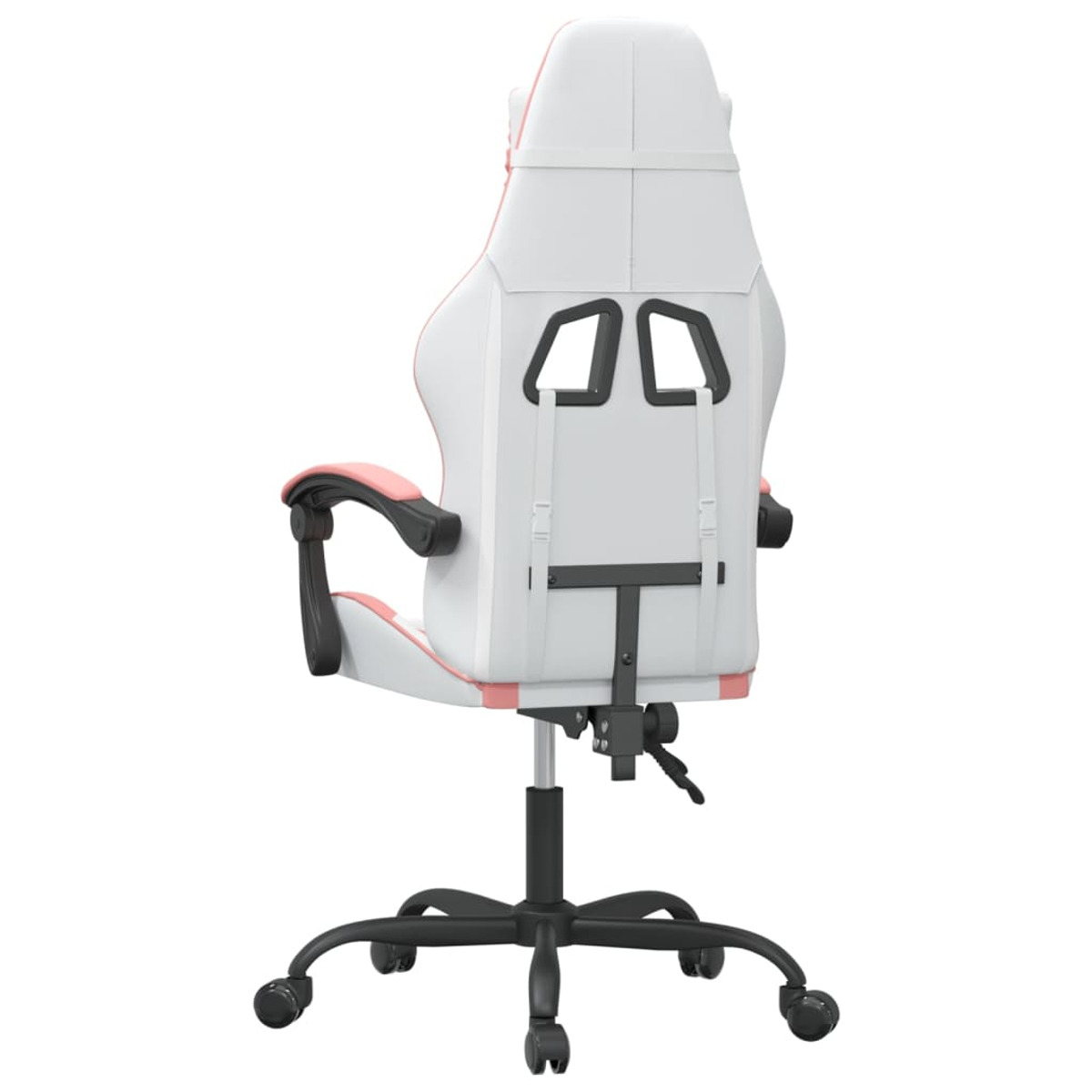 Rückansicht eines weiß-rosa Gaming-Stuhls mit schwarzem Sockel und Armlehnen.