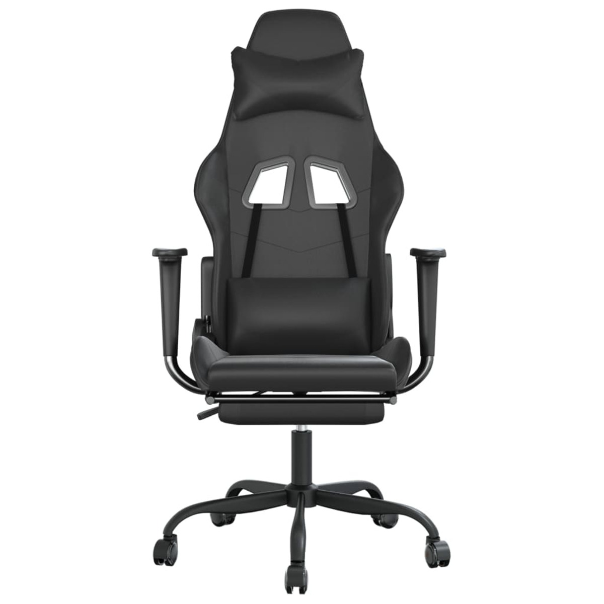 Ein schwarzer Gaming-Stuhl auf weißem Hintergrund, direkt auf den Betrachter gerichtet.