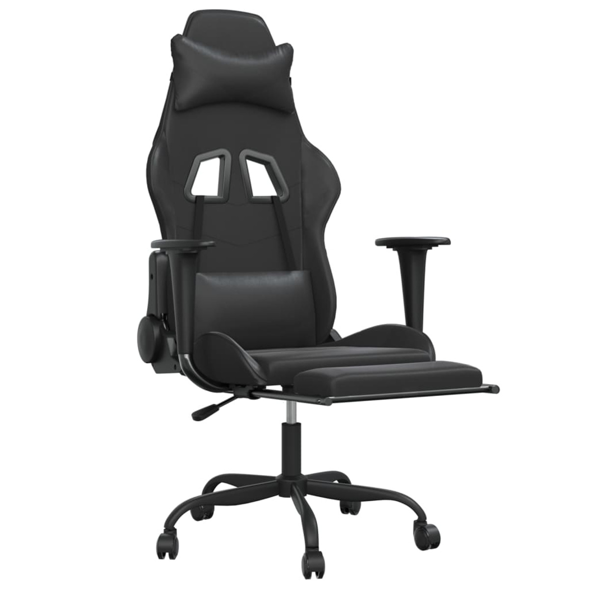 Gaming-Stuhl, ganz schwarz, mit ausgeklappter Fußstütze und schwarzem Untergestell.