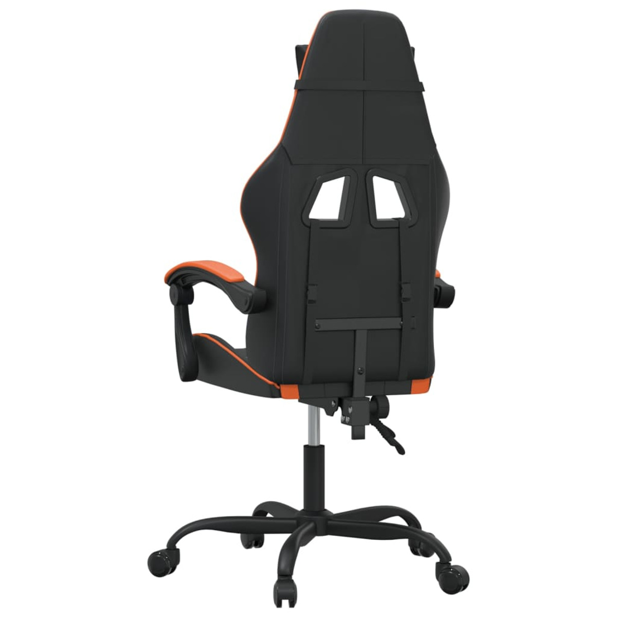 Rückansicht eines schwarz-orangenen Gaming-Stuhls, zeigt Rücken und Basis.