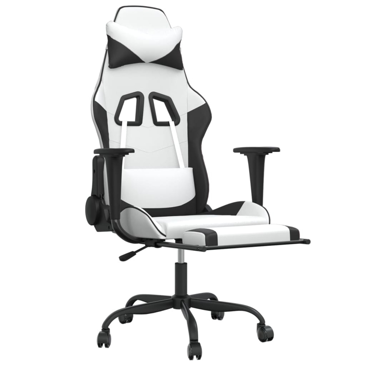 Weiß-schwarzer Gaming-Stuhl mit Kopfstütze und Armlehnen. Er hat eine Fußstütze und ein Fünf-Rad-Gestell.