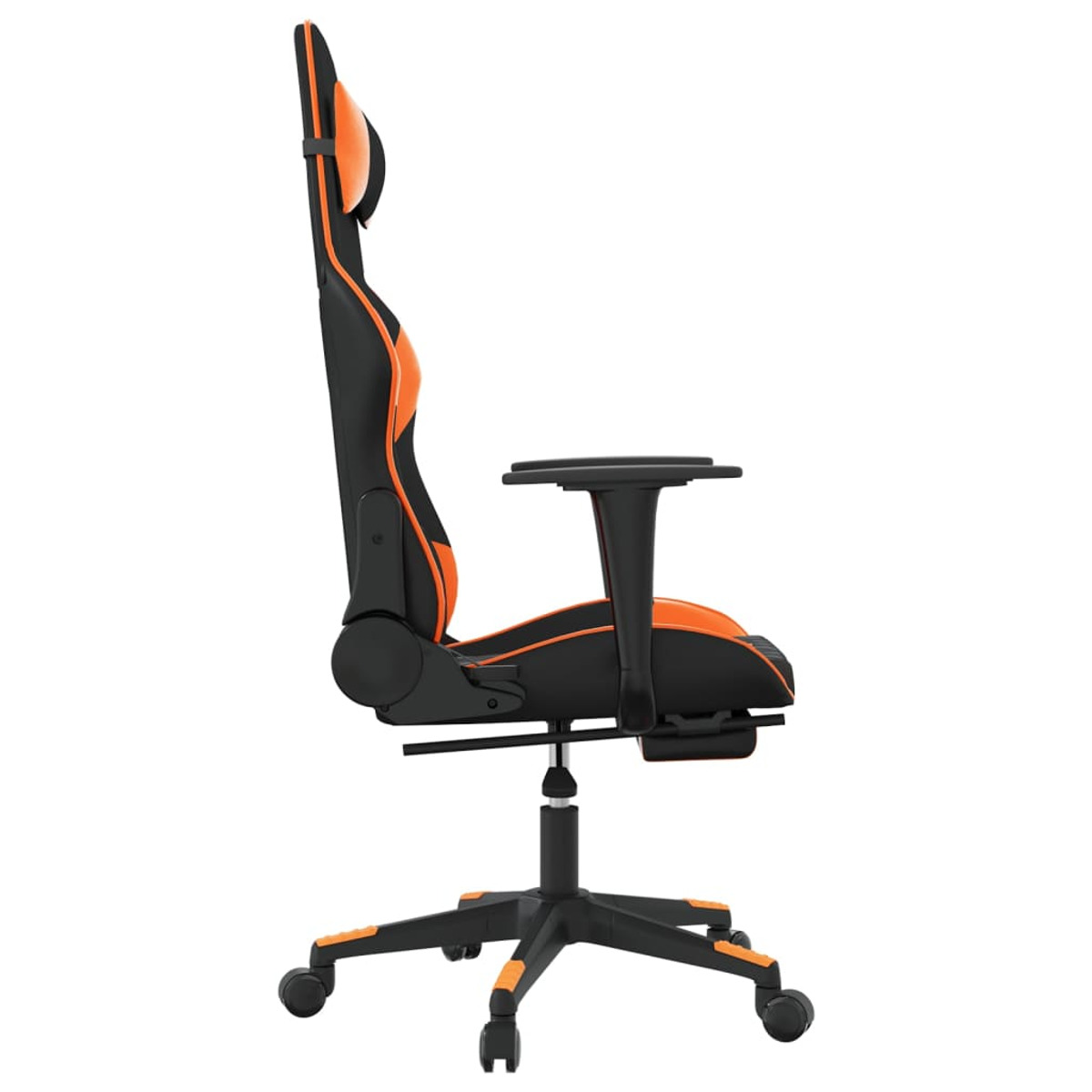 Gaming-Stuhl im Profil. Er ist schwarz und orange. Die Armlehnen und die Fußstütze sind sichtbar.