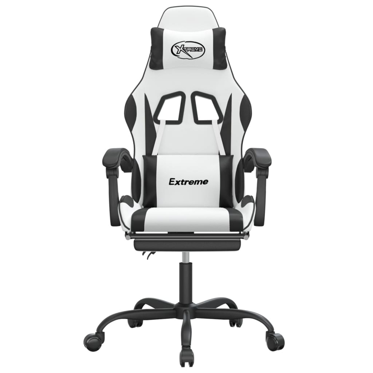 Ein weißer Gaming-Stuhl mit schwarzen Akzenten und dem Wort 'Extreme' auf dem Sitz wird gezeigt.