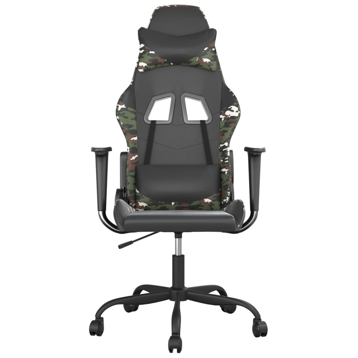 Gaming-Stuhl mit Camouflage-Muster auf Rücken und Kopfstütze. Schwarzer Sockel, Armlehnen und Sitz.