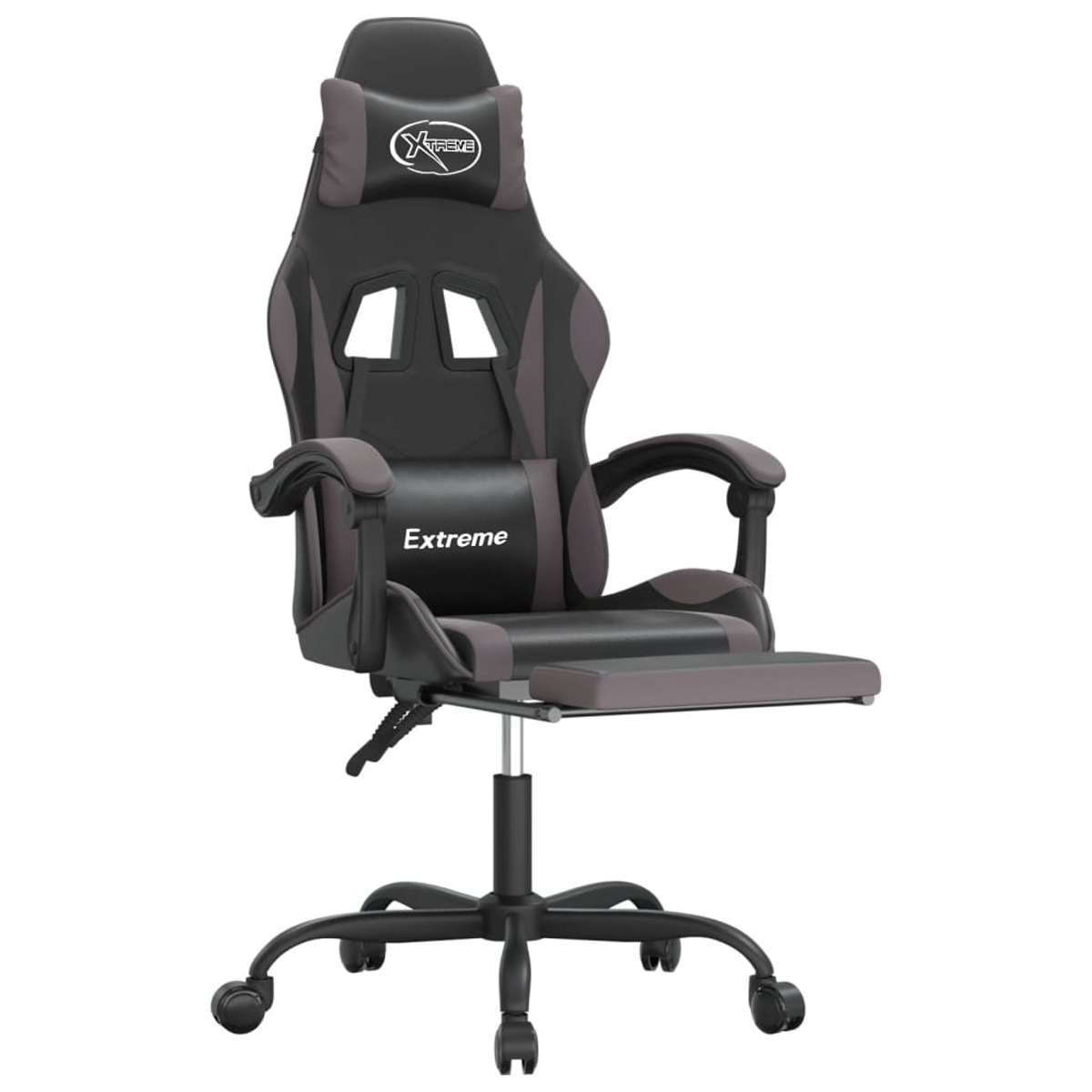 Gaming-Stuhl mit Fußstütze. Schwarz-grauer Stuhl. Kopfstütze mit 'Xtreme'. Fußstütze ausgeklappt.