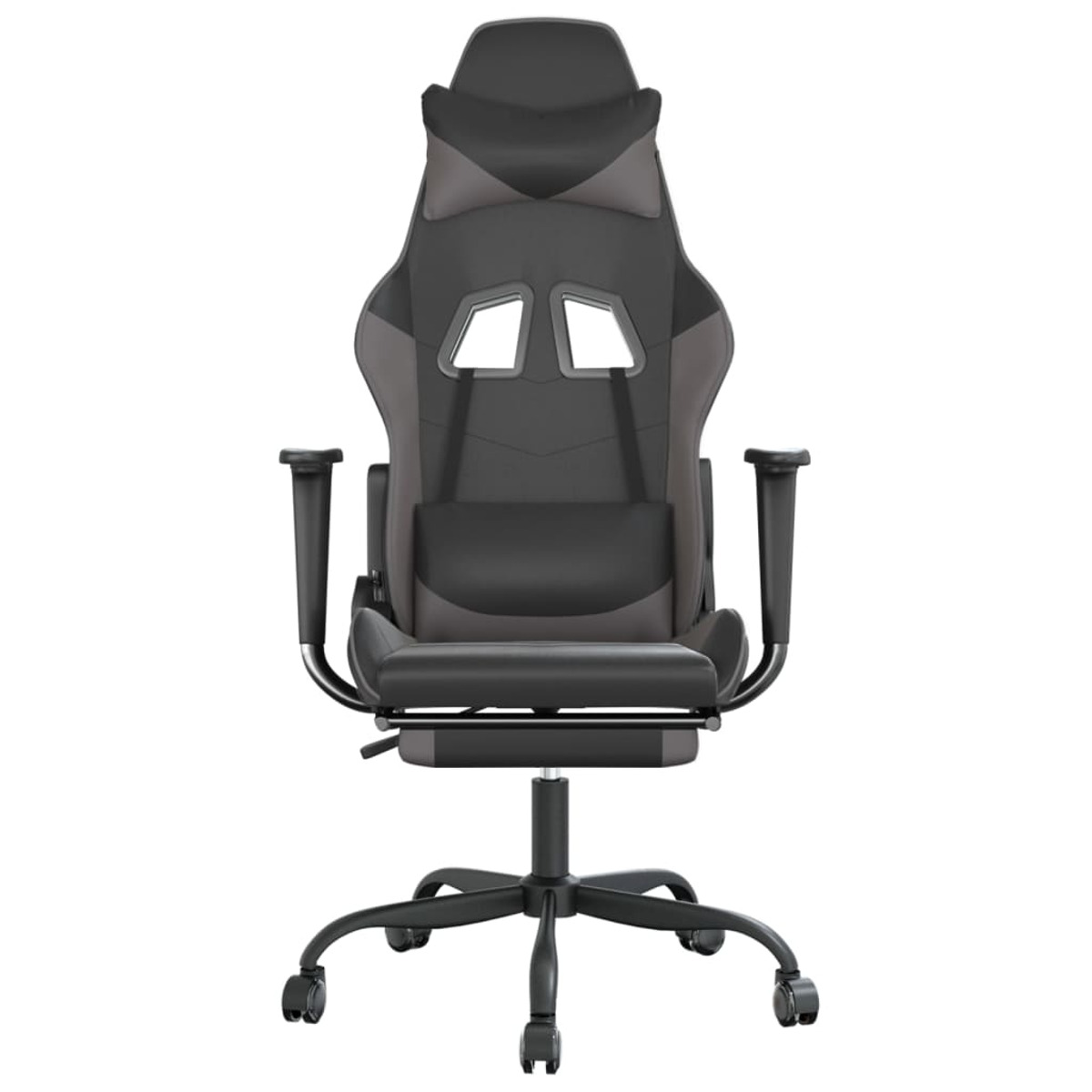 Ein schwarz-grauer Gaming-Stuhl mit Fünf-Sterne-Fuß, Rollen und Armlehnen.