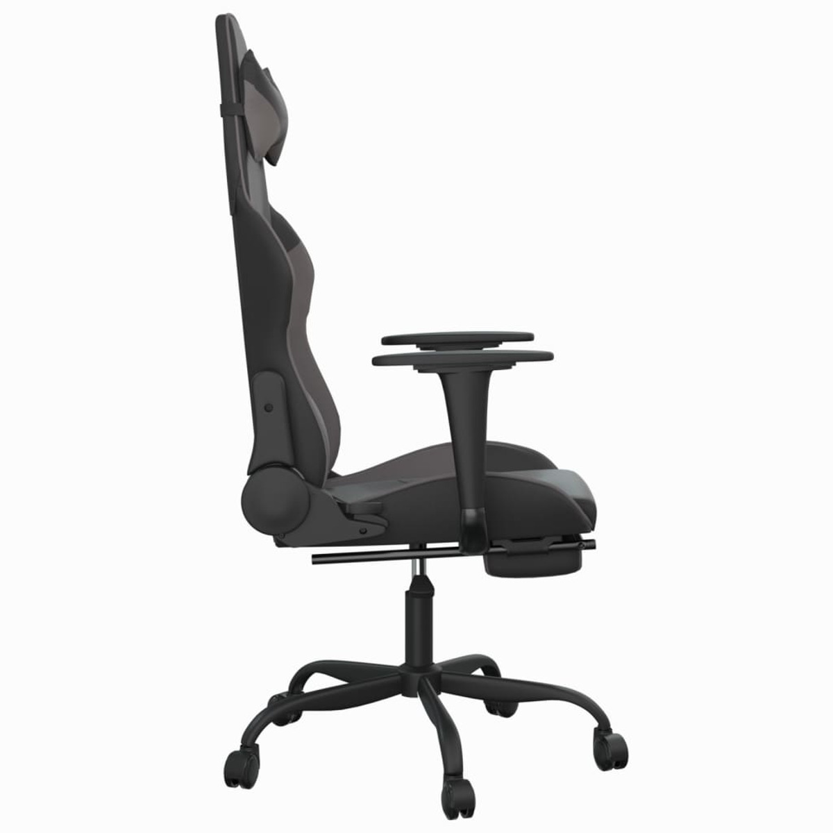 Seitenansicht eines schwarz-grauen Gaming-Stuhls mit Kopfstütze und Armlehnen.