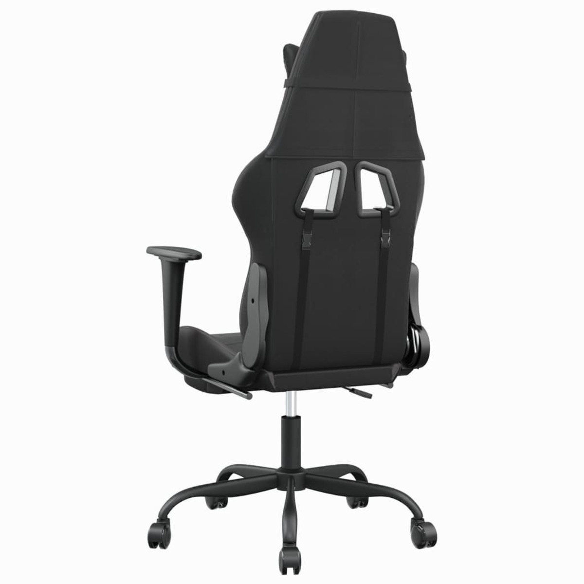 Rückansicht eines schwarzen Gaming-Stuhls auf weißem Hintergrund.