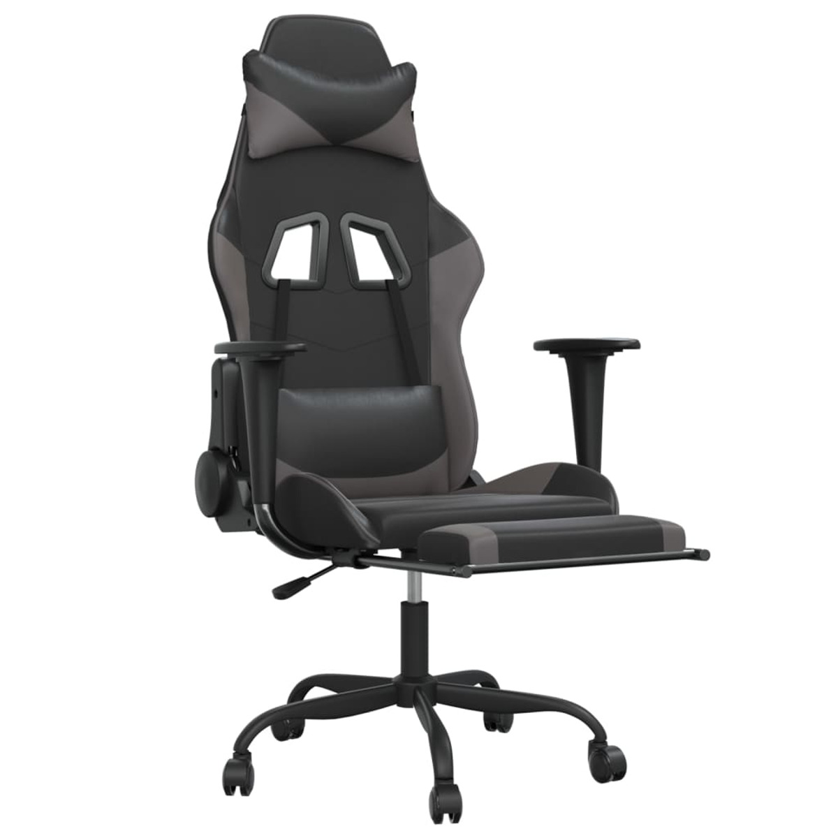 Gaming-Stuhl, schwarz und grau, mit Fußstütze und Kopfstütze.