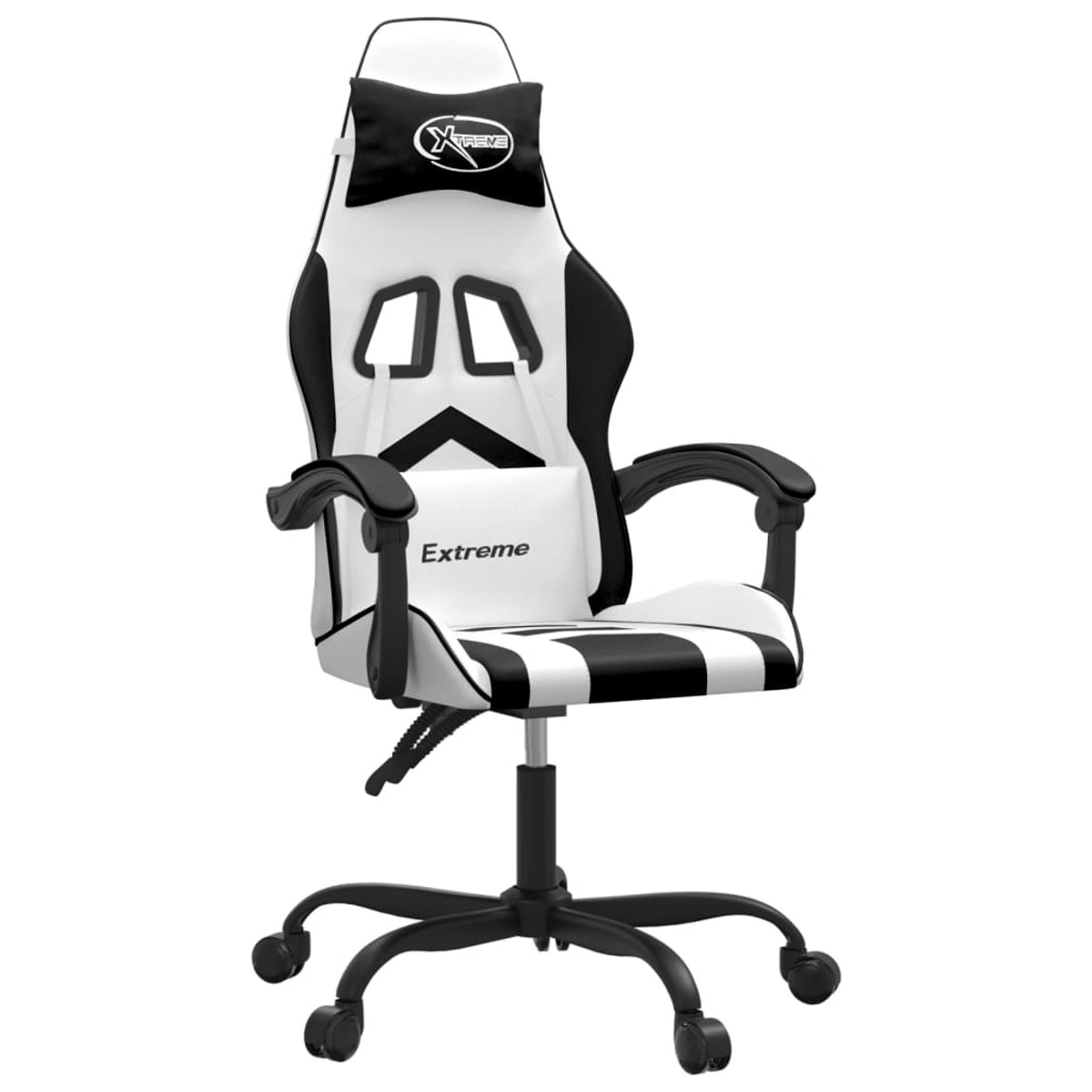 Weißer und schwarzer Gaming-Stuhl. Mit Kopfstütze mit Text und schwarzem Untergestell mit Rädern.