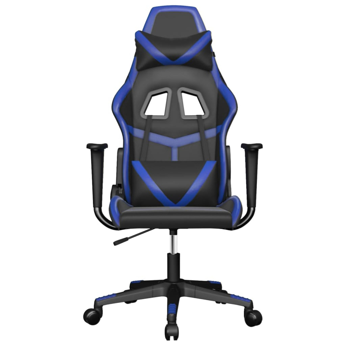 Blau-schwarzer Gaming-Stuhl mit Kopfstütze und Armlehnen.