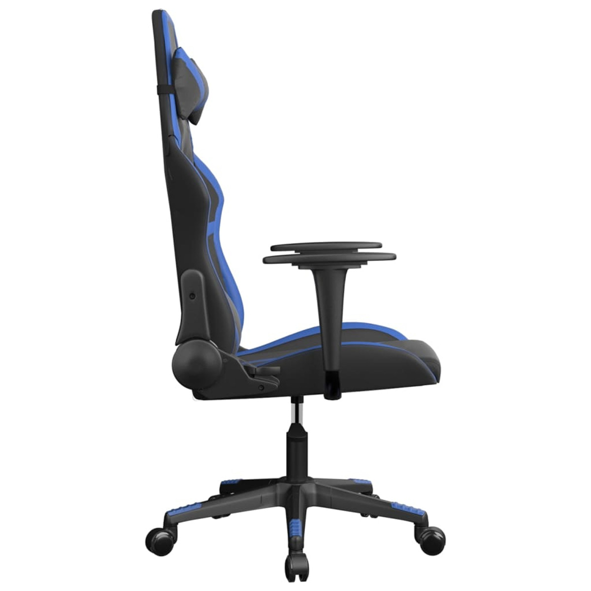 Seitenansicht eines blau-schwarzen Gaming-Stuhls mit Kopfstütze und Armlehnen auf Rollen.