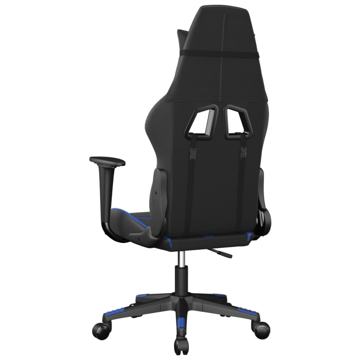 Die Rückseite eines schwarzen Gaming-Stuhls mit blauen Akzenten. Er hat eine T-förmige Stange und schwarze Rollen.