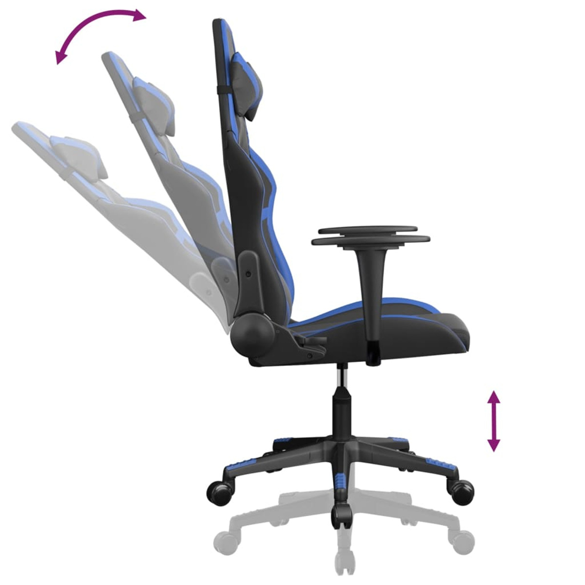 Gaming-Stuhl zeigt Höhen- und Neigungsverstellung, Seitenansicht mit Pfeilen.