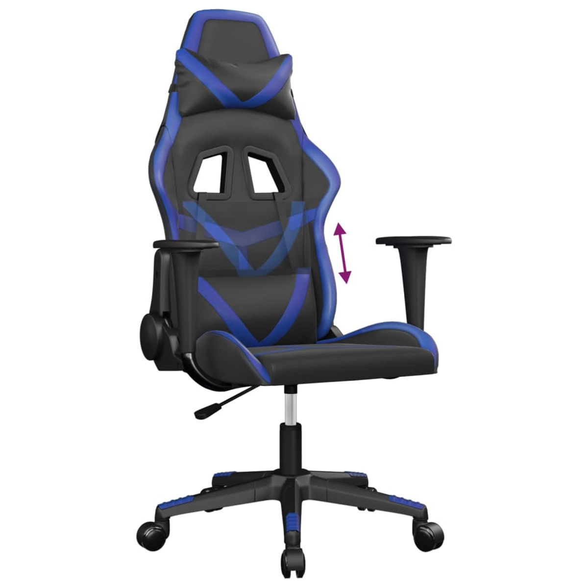Schwarz-blauer Gaming-Stuhl mit Pfeilen für Höhen- und Armlehnenverstellung.