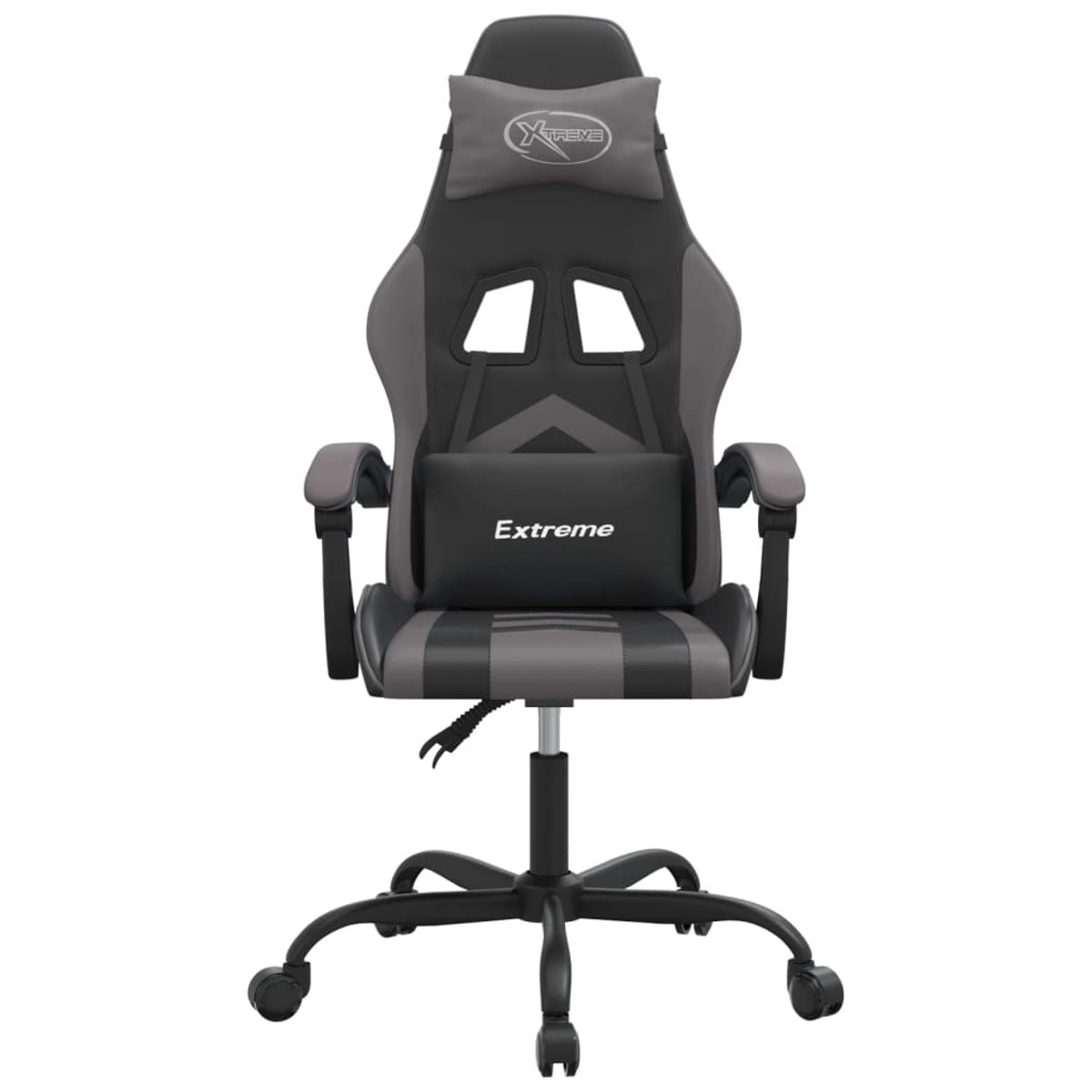 Gaming-Stuhl, Vorderansicht, grau und schwarz mit Kopfstütze.
