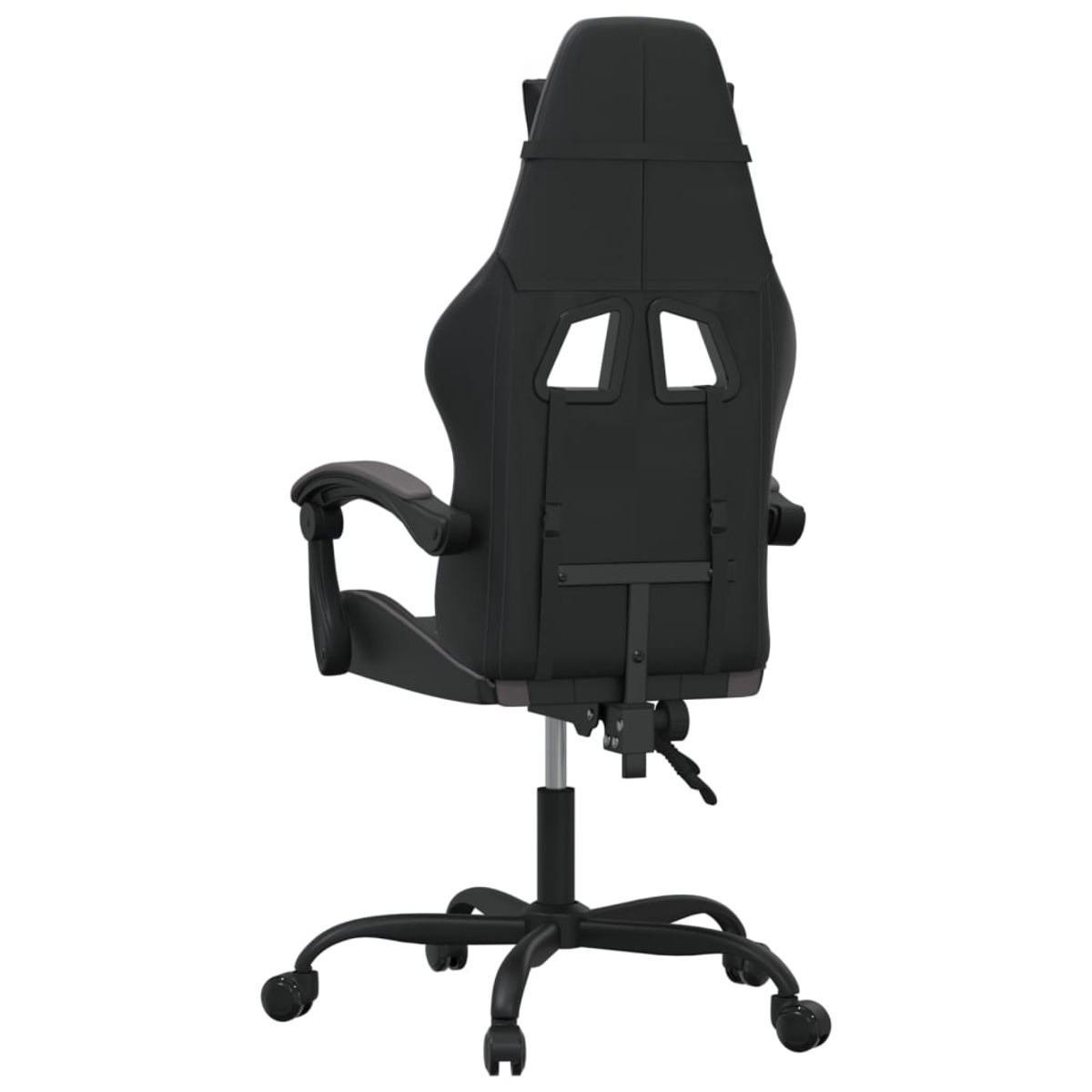 Schwarzer Gaming-Stuhl von hinten, mit hohem Rücken und Aussparungen, auf weißem Hintergrund.
