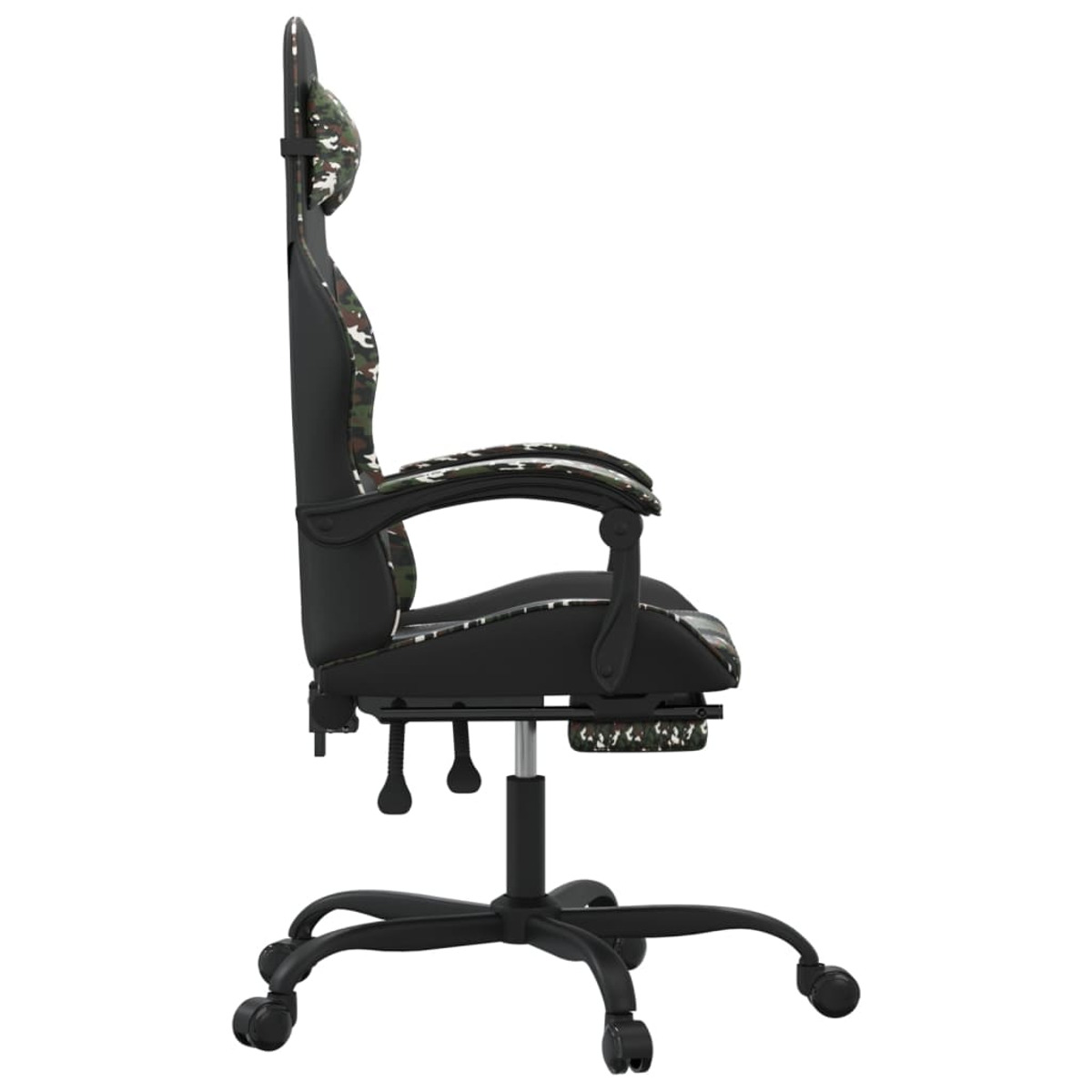 Seitenansicht eines Gaming-Stuhls mit Camo-Kopfstütze und Armlehnen. Der Stuhl ist schwarz.