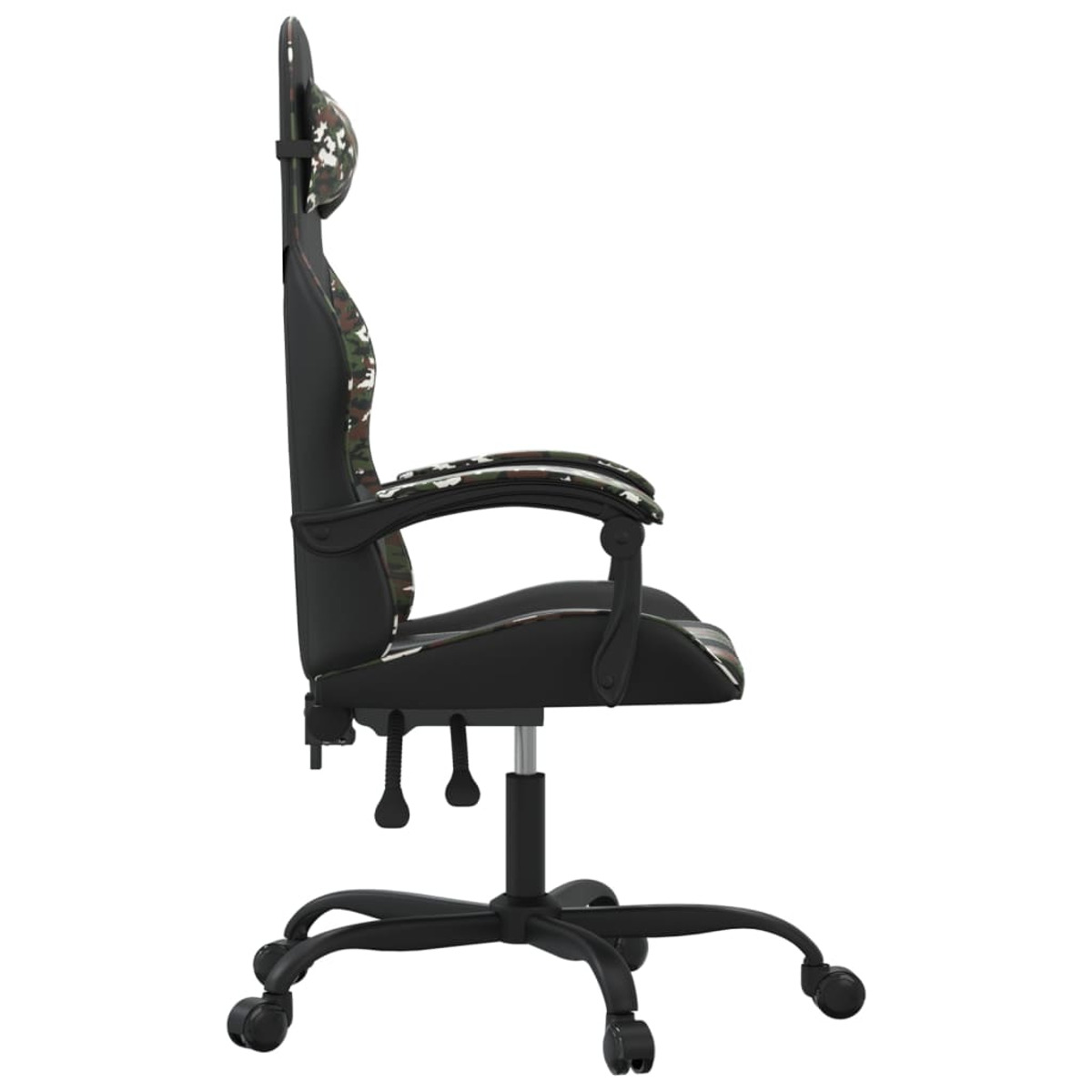 Ein Gaming-Stuhl mit Tarnmuster. Der Stuhl steht auf weißem Hintergrund. Seitenansicht.