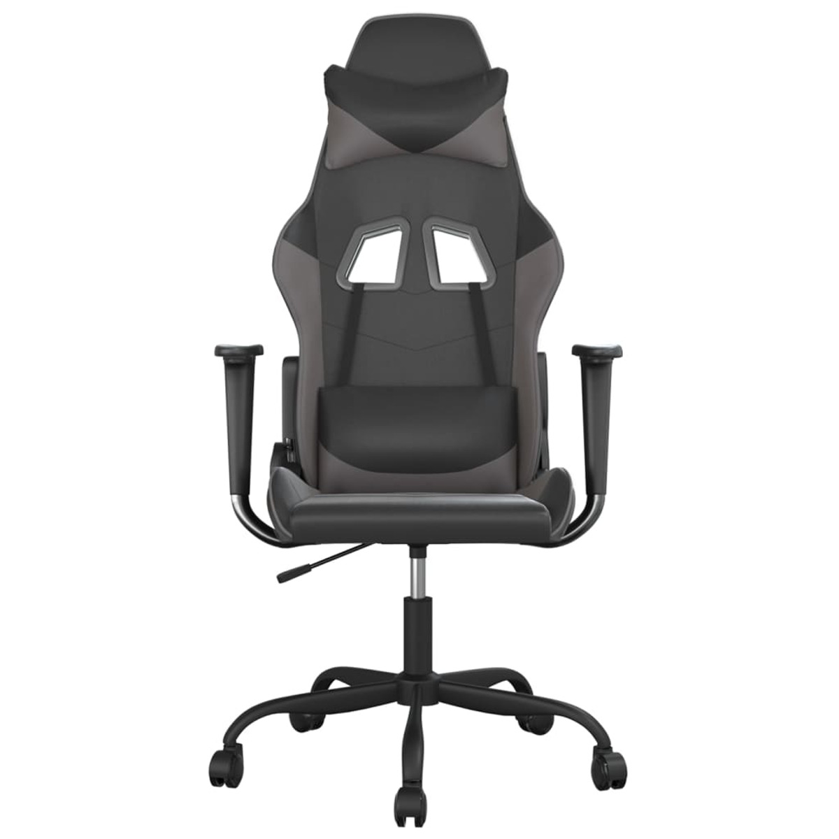 Grauer Gaming-Stuhl, Vorderansicht. Mit Kopfstütze, Armlehnen und schwarzer Basis.