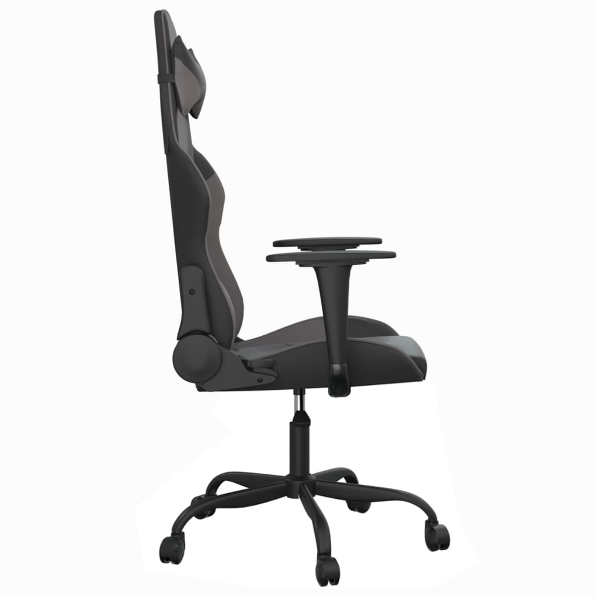 Schwarzer Gaming-Stuhl, Seitenansicht, gerader Rücken, Kopfstütze, Armlehnen und schwarze Basis.