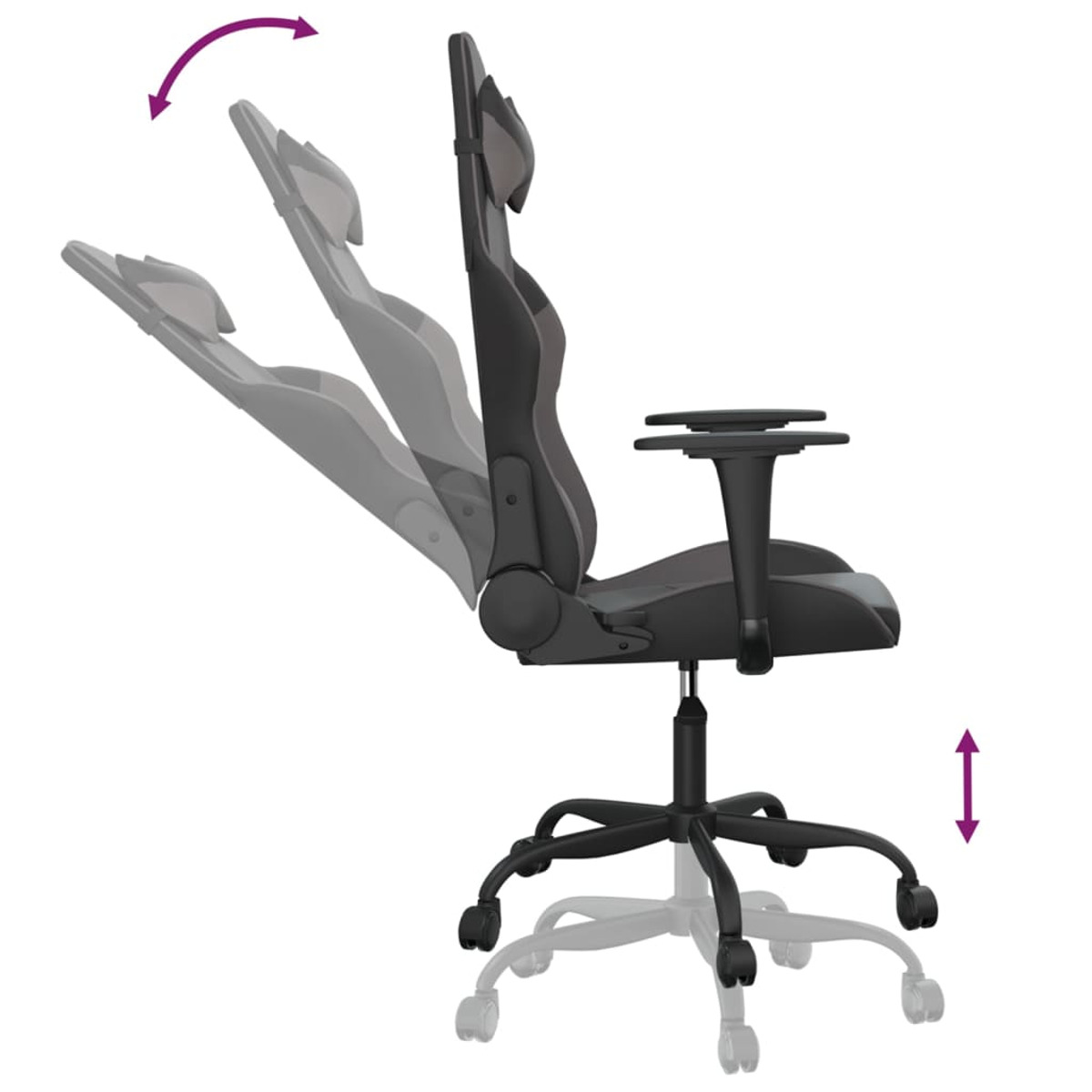 Gaming-Stuhl mit verstellbarer Rückenlehne und Armlehnen. Schwarzes Gestell mit Rädern.