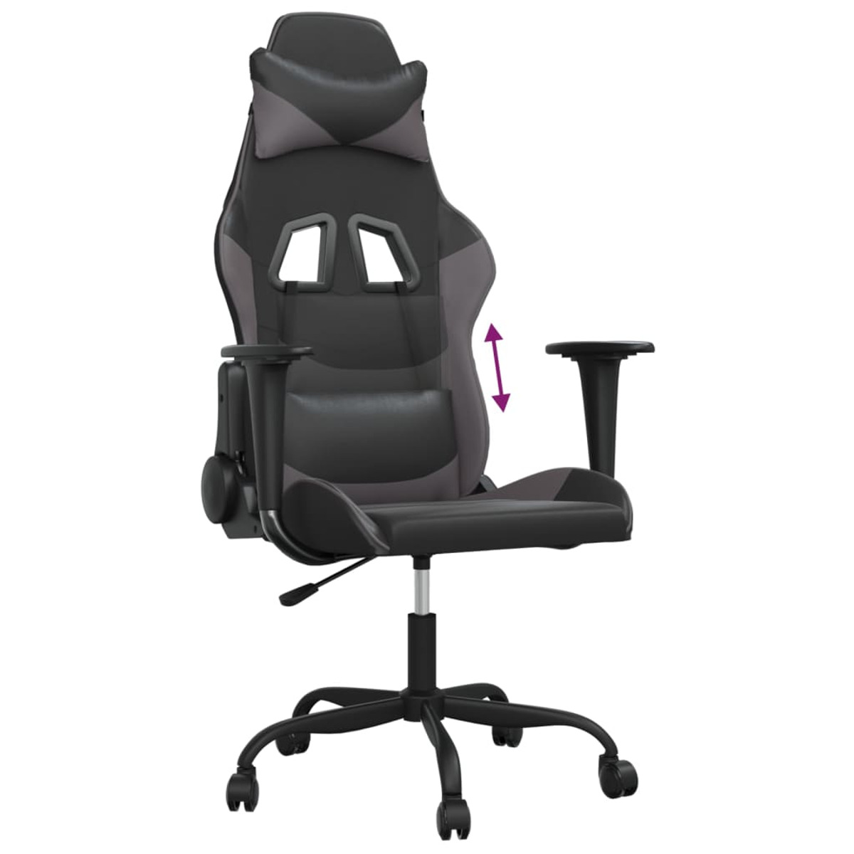 Schwarzer und grauer Gaming-Stuhl. Armlehnen und Kopfstütze sind verstellbar. Der Stuhl hat Räder.