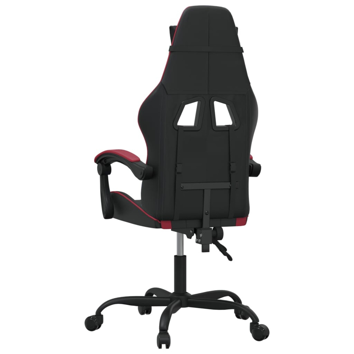 Rückansicht eines schwarz-roten Gaming-Stuhls. Mit Öffnungen und roter Zierleiste an den Kanten.