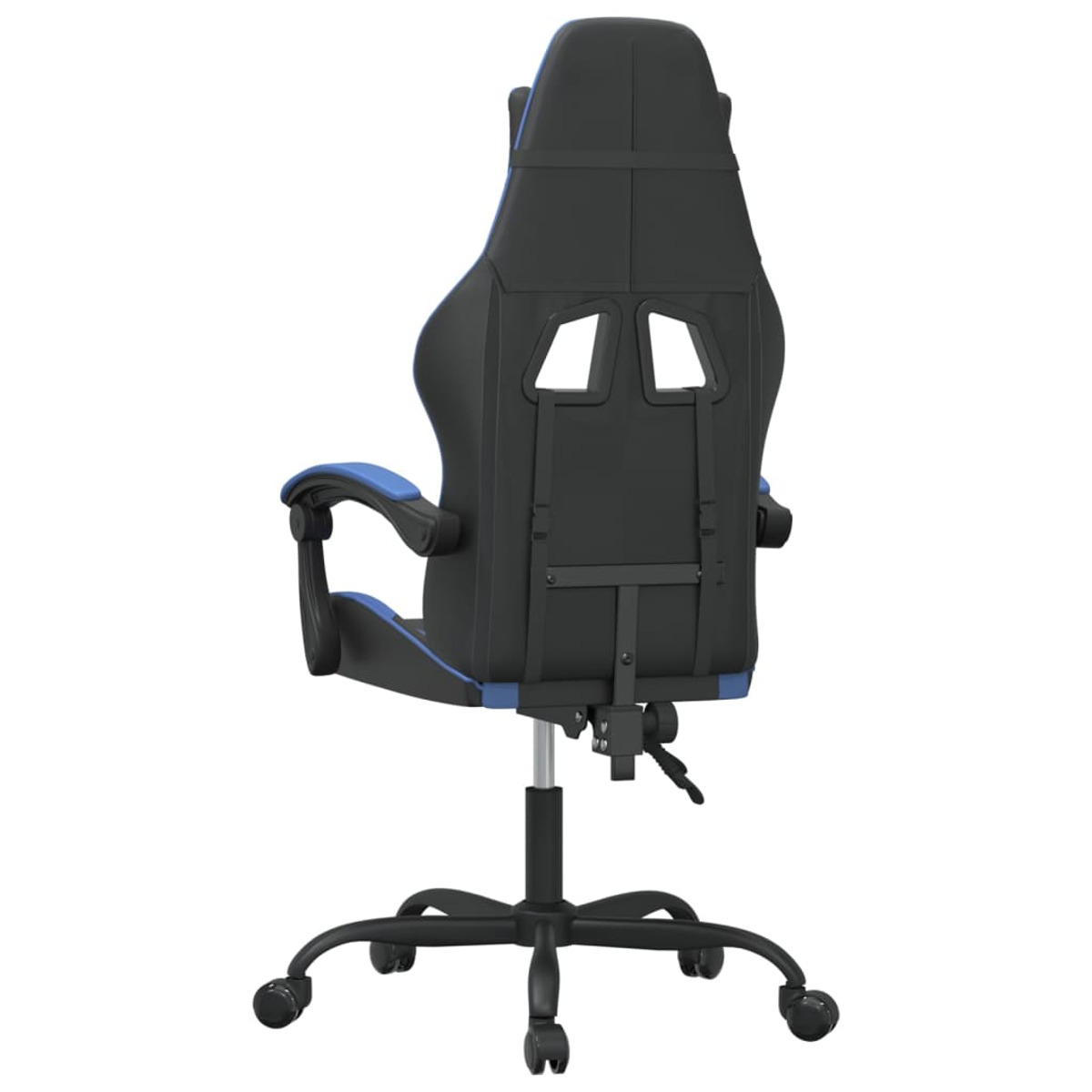 Rückseite des Gaming-Stuhls in Schwarz und Blau. Hat zwei Aussparungen und einen Mechanismus zur Höhenverstellung.