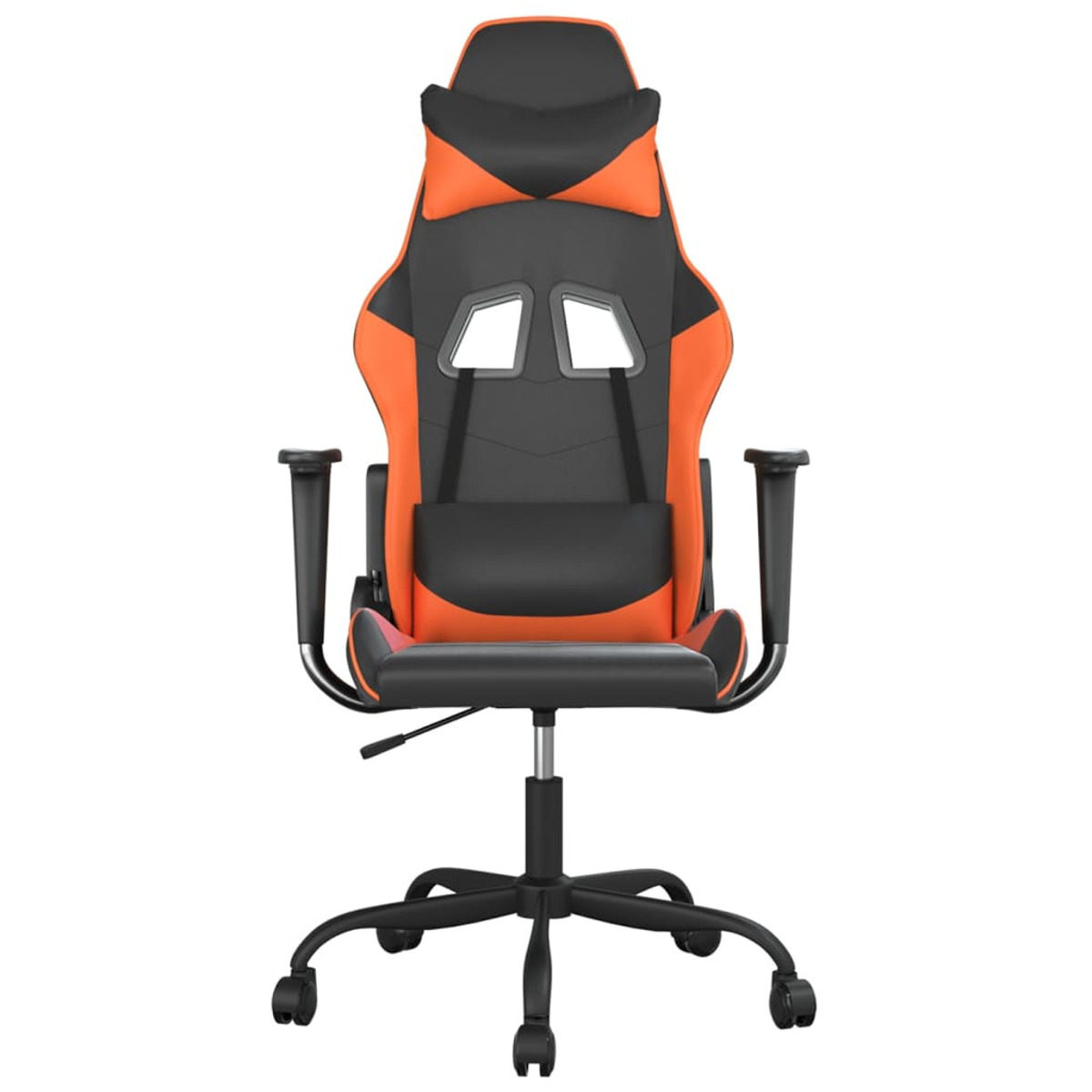 Vorderansicht eines orange-schwarzen Gaming-Stuhls. Mit Armlehnen, Kopfstütze und schwarzer Basis.