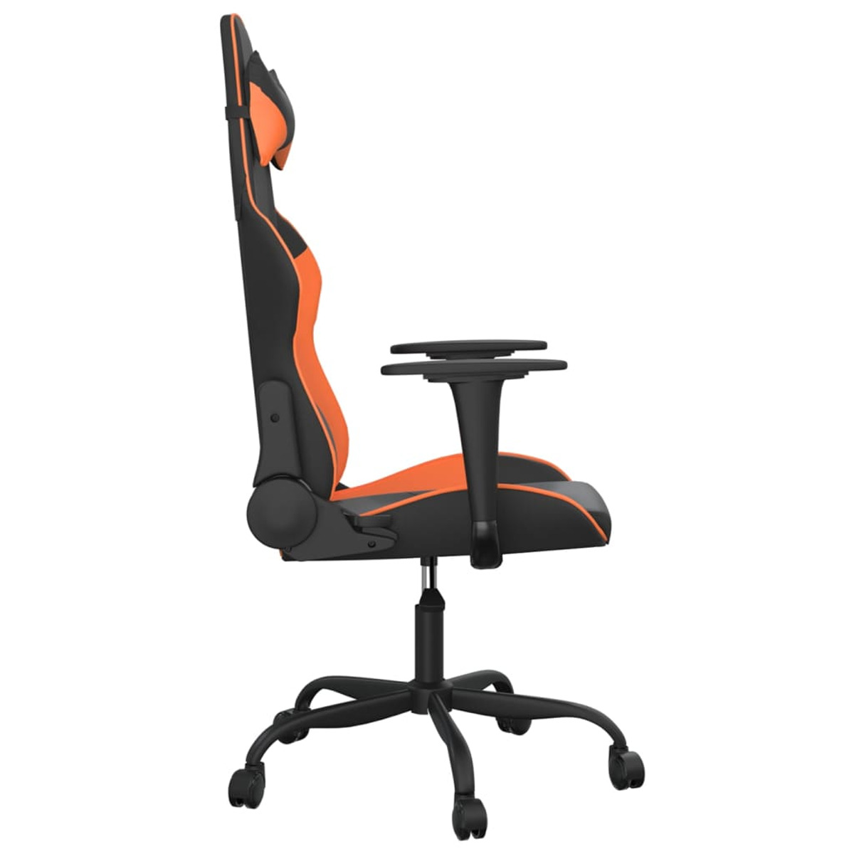 Seitenansicht eines orangefarbenen und schwarzen Gaming-Stuhls auf weißem Hintergrund.