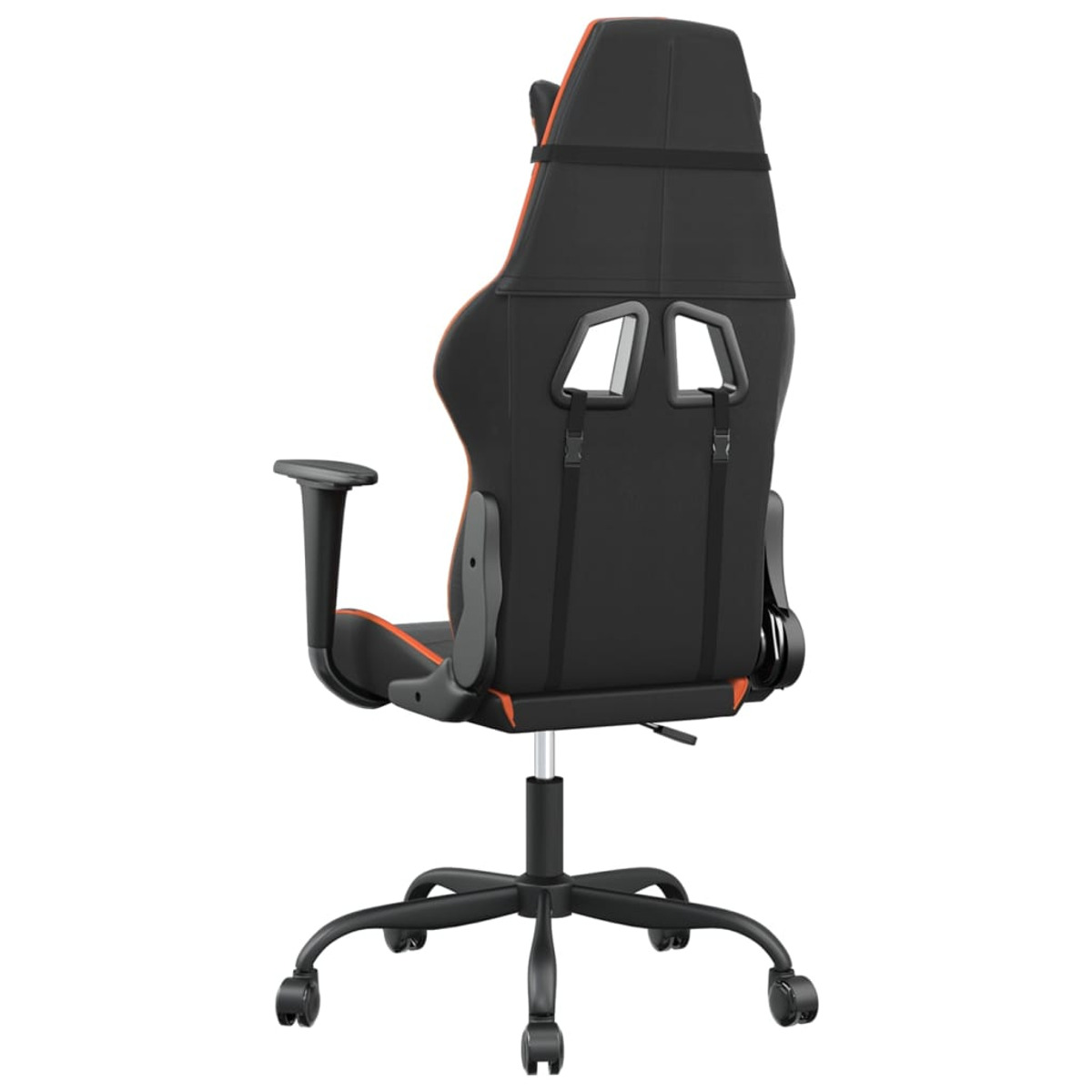 Schwarzer und orangefarbener Gaming-Stuhl von hinten betrachtet, mit Rädern und schwarzem Sockel.