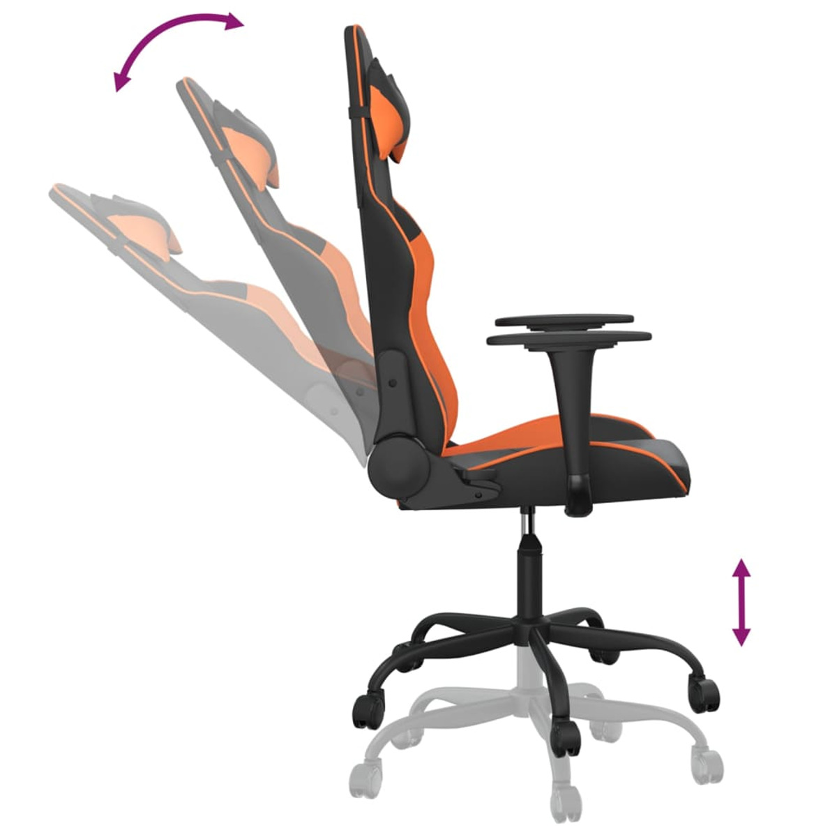 Gaming-Stuhl Seitenansicht mit Einstellpfeilen, schwarz mit orangefarbenen Akzenten.