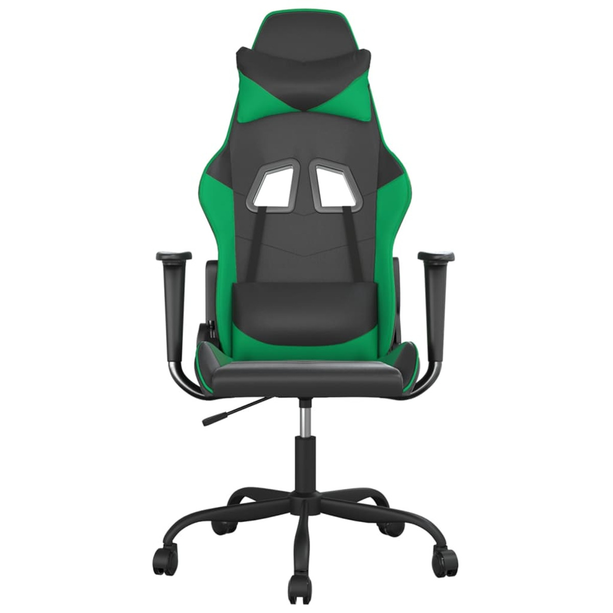 Grüner und schwarzer Gaming-Stuhl. Schwarze Armlehnen und Basis. Weißer Hintergrund.