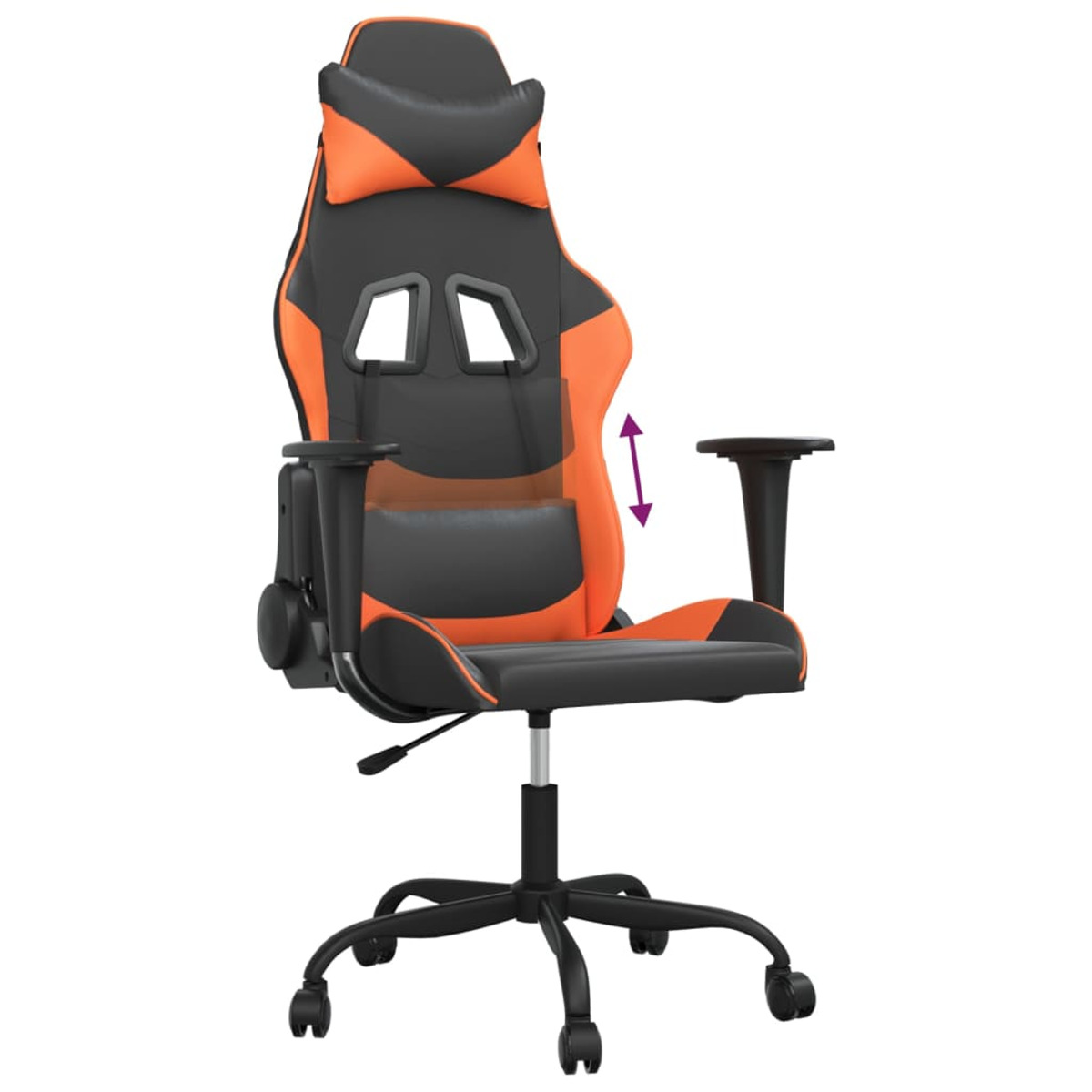 Orange und schwarzer Gaming-Stuhl, Armlehnen- und Sitzverstellung zeigend.