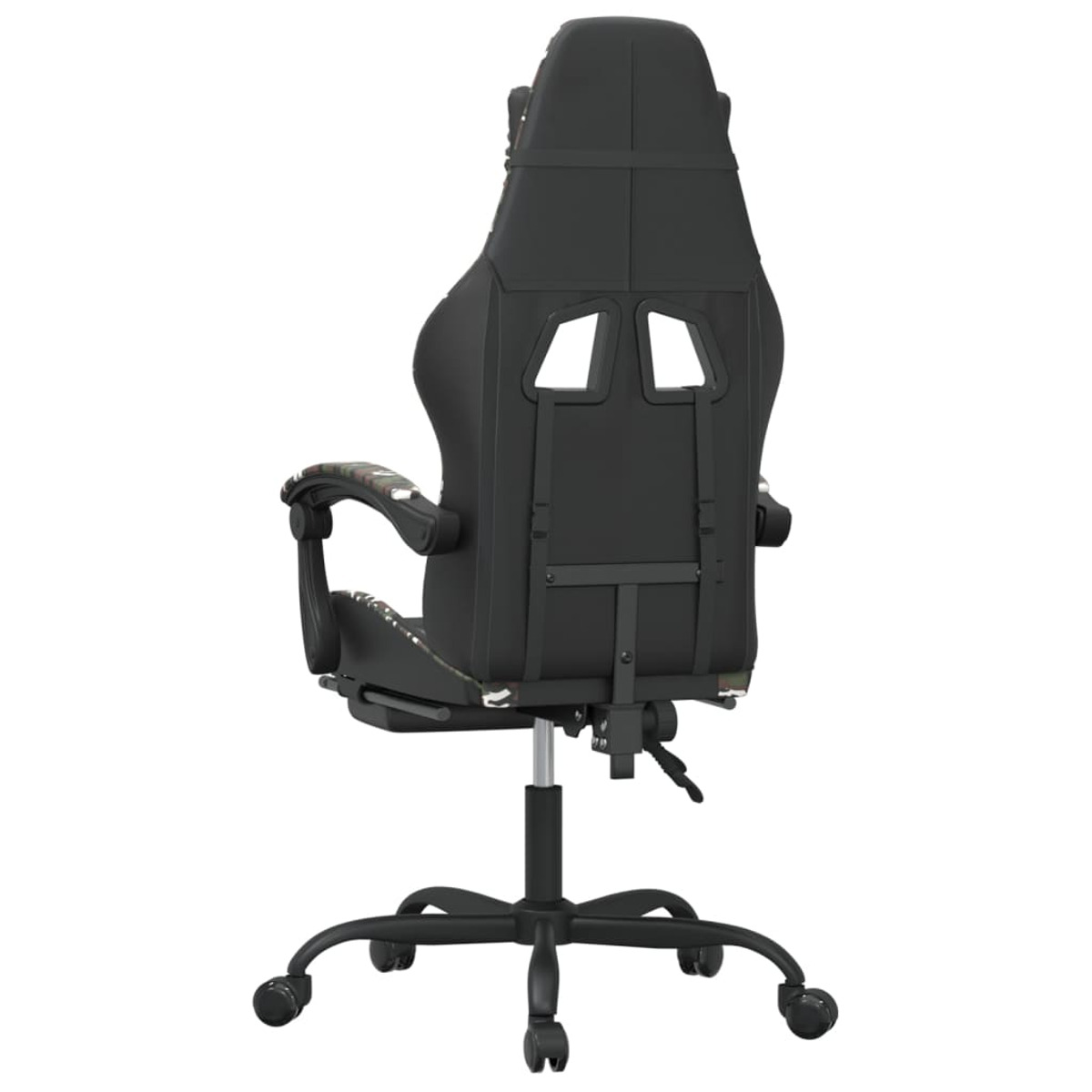 Rückansicht eines schwarzen Gaming-Stuhls mit Löchern in der Rückenlehne.
