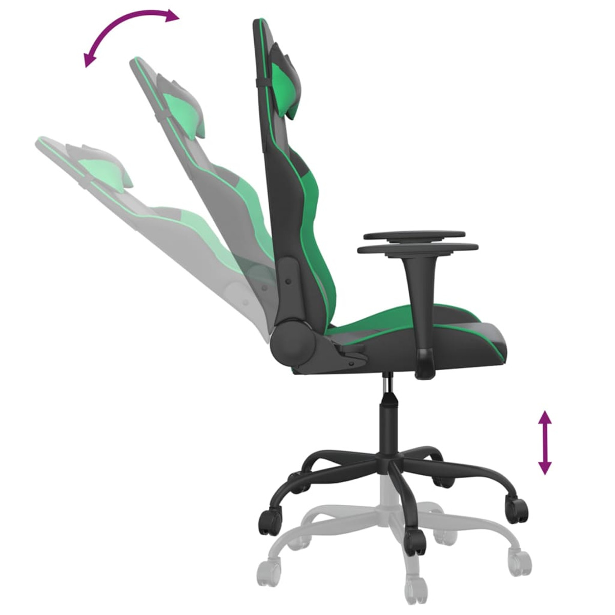 Grüner und schwarzer Gaming-Stuhl mit kippbarer Kopfstütze, Pfeil zeigt Einstellungen.