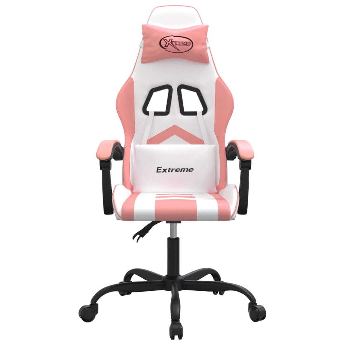 Rosa-weißer Gaming-Stuhl auf weißem Hintergrund. Vorderansicht.