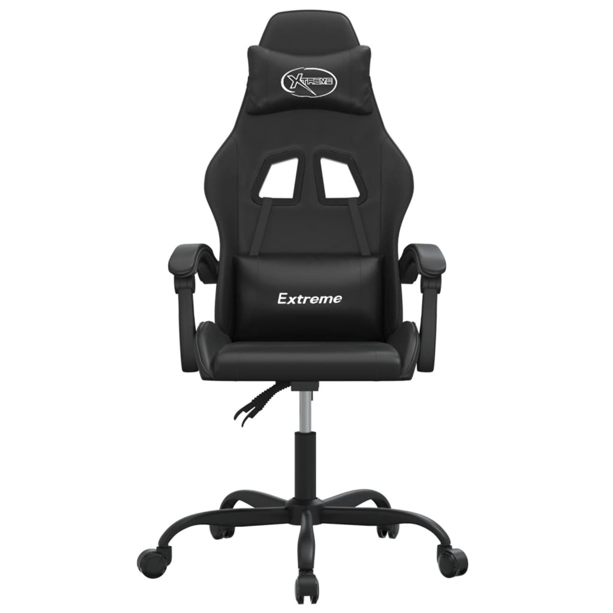 Schwarzer Gaming-Stuhl mit 'Extreme' auf dem Rücken. Er hat eine Kopfstütze, Armlehnen und Rollen.