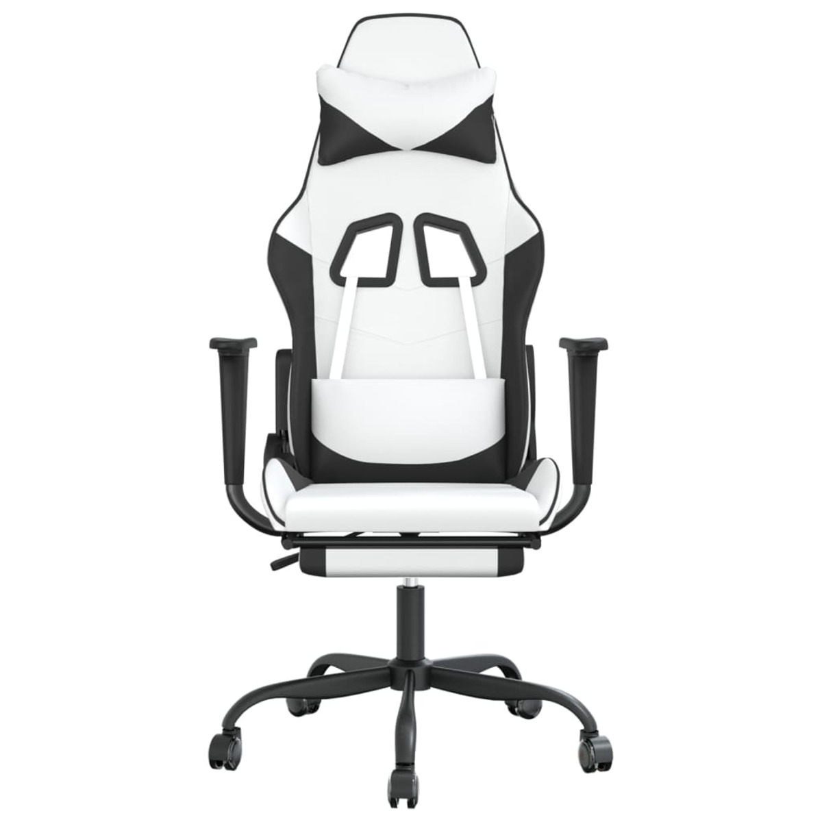 Vorderansicht eines weiß-schwarzen Gaming-Stuhls mit Fußstütze.