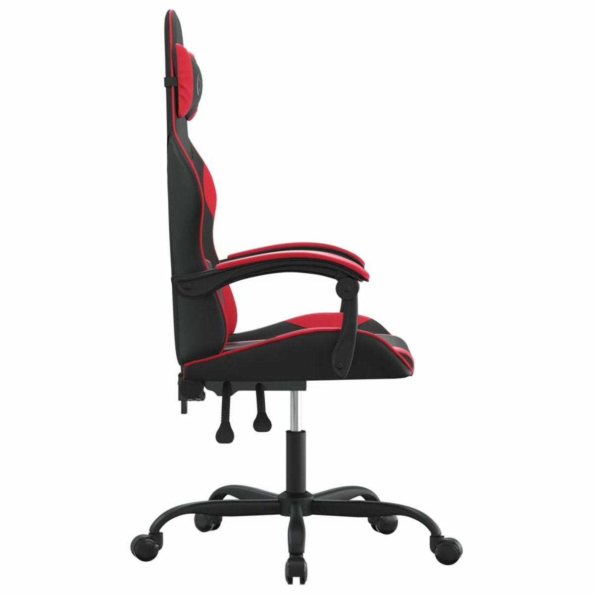 Seitenansicht eines schwarz-roten Gaming-Stuhls. Der Stuhl hat ein schwarzes Untergestell.