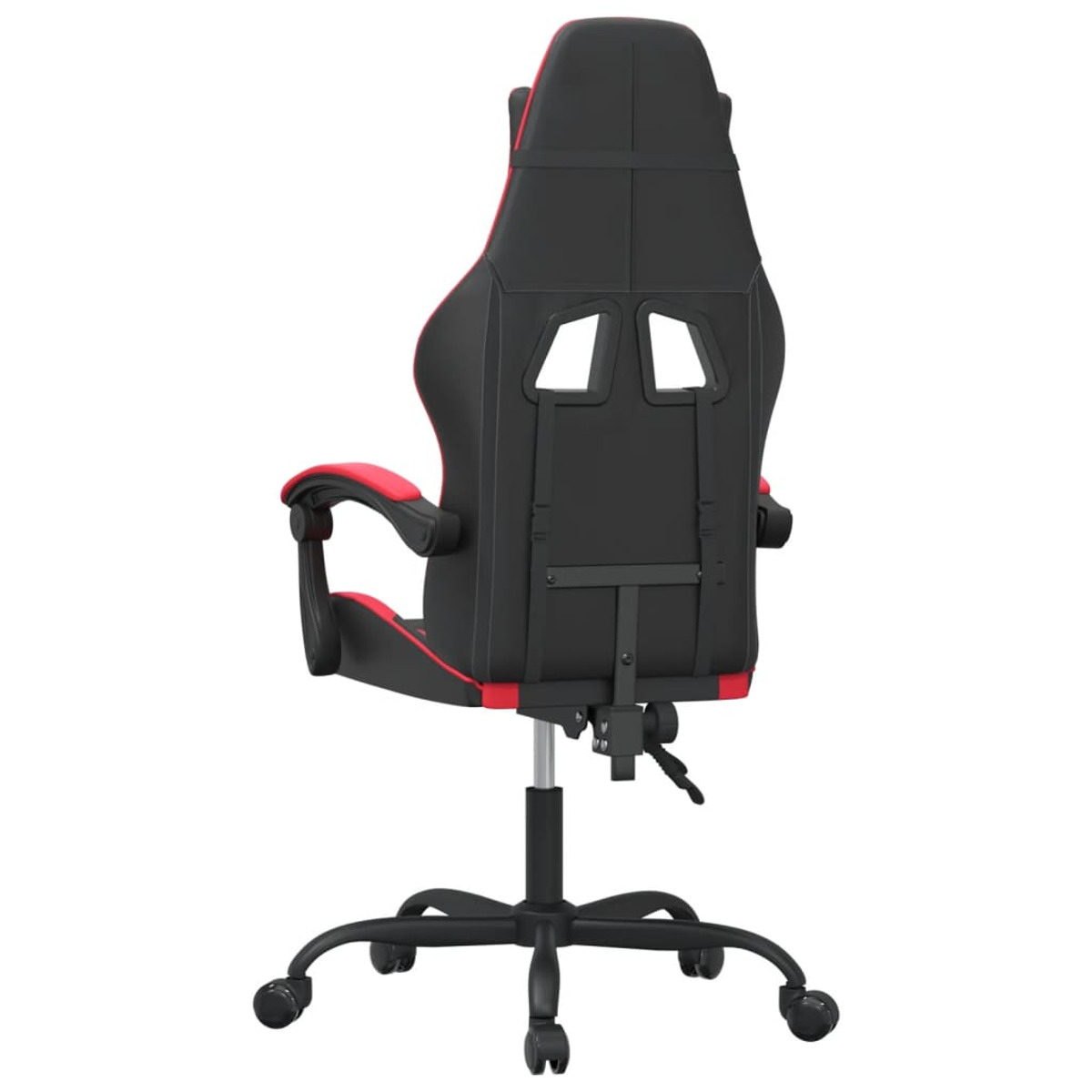 Rückansicht eines schwarz-roten Gaming-Stuhls mit schwarzem Fuß und Rollen.